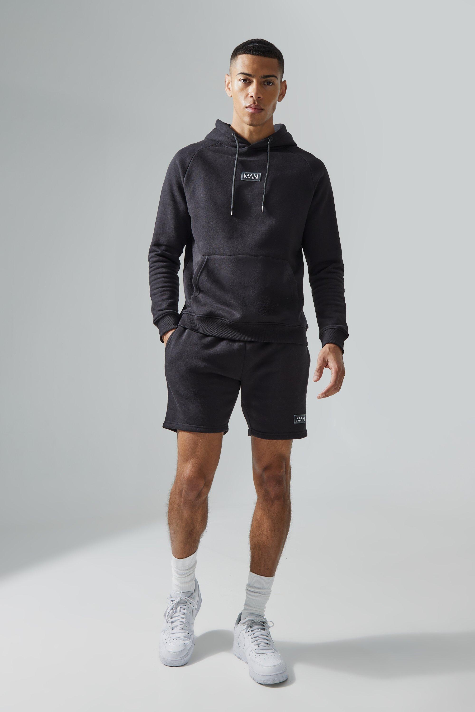 men's man active gym training hoodie & short set - black - s, black