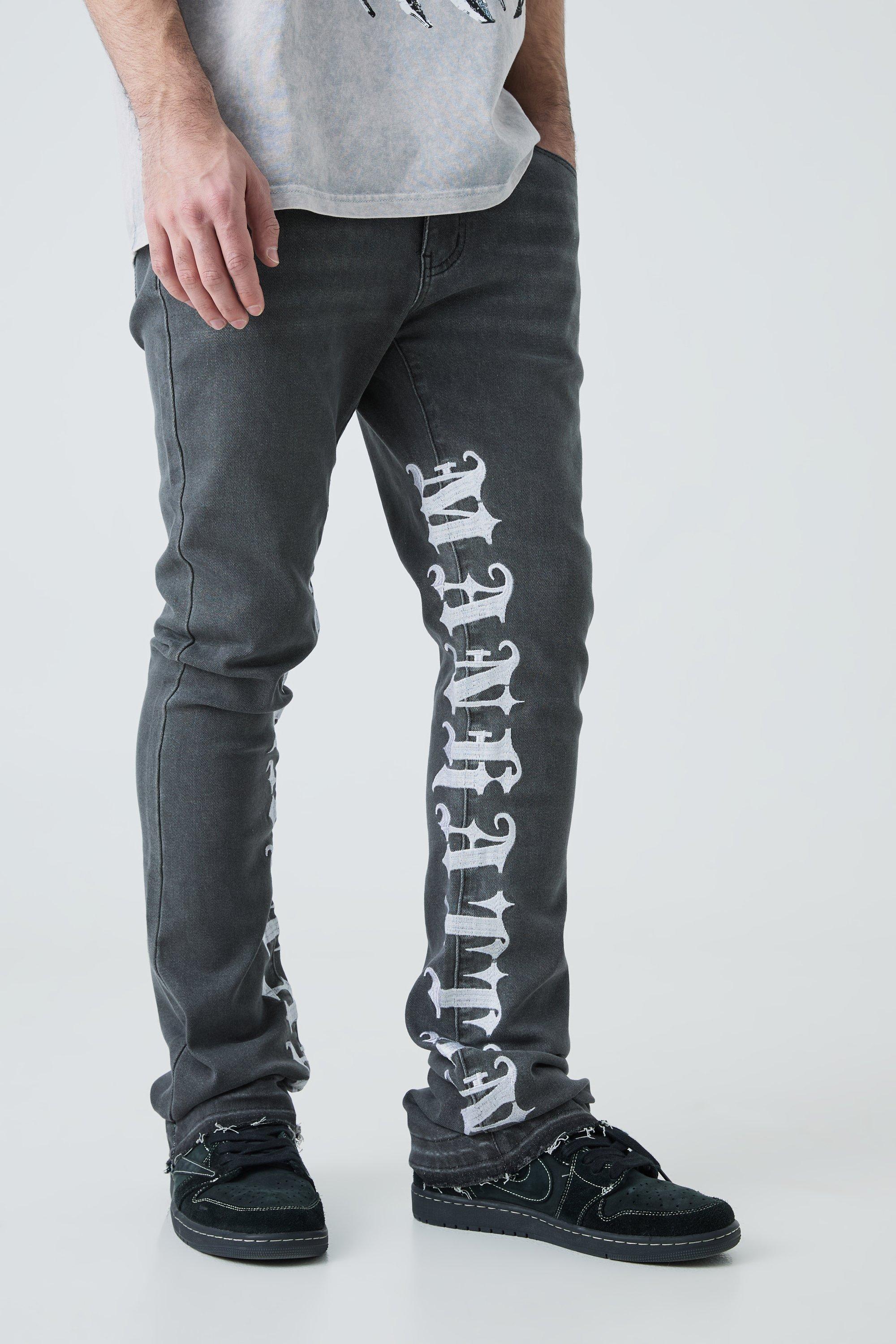 Mens Grey Skinny Stretch Stacked Embroidered Gusset Jeans, Grey