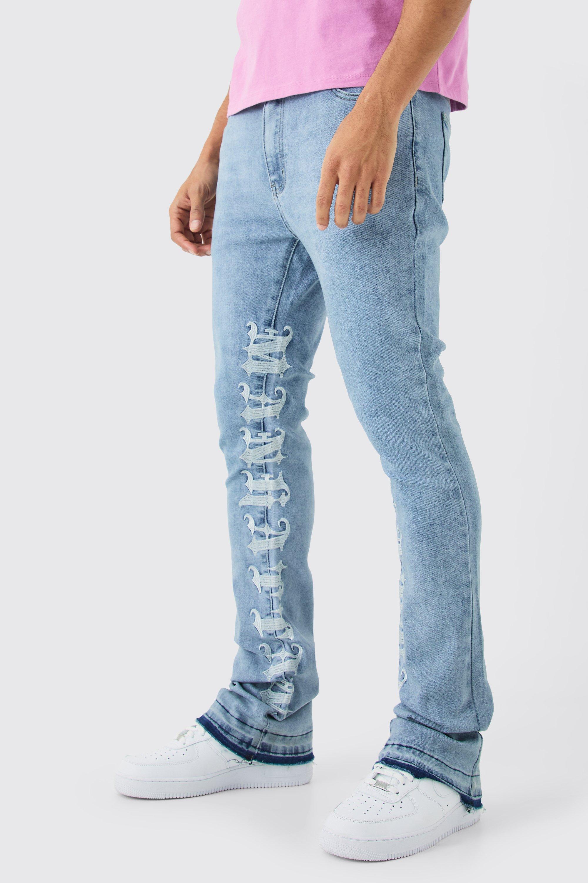 Mens Blue Skinny Stretch Stacked Distressed Embroidered Gusset Jeans, Blue