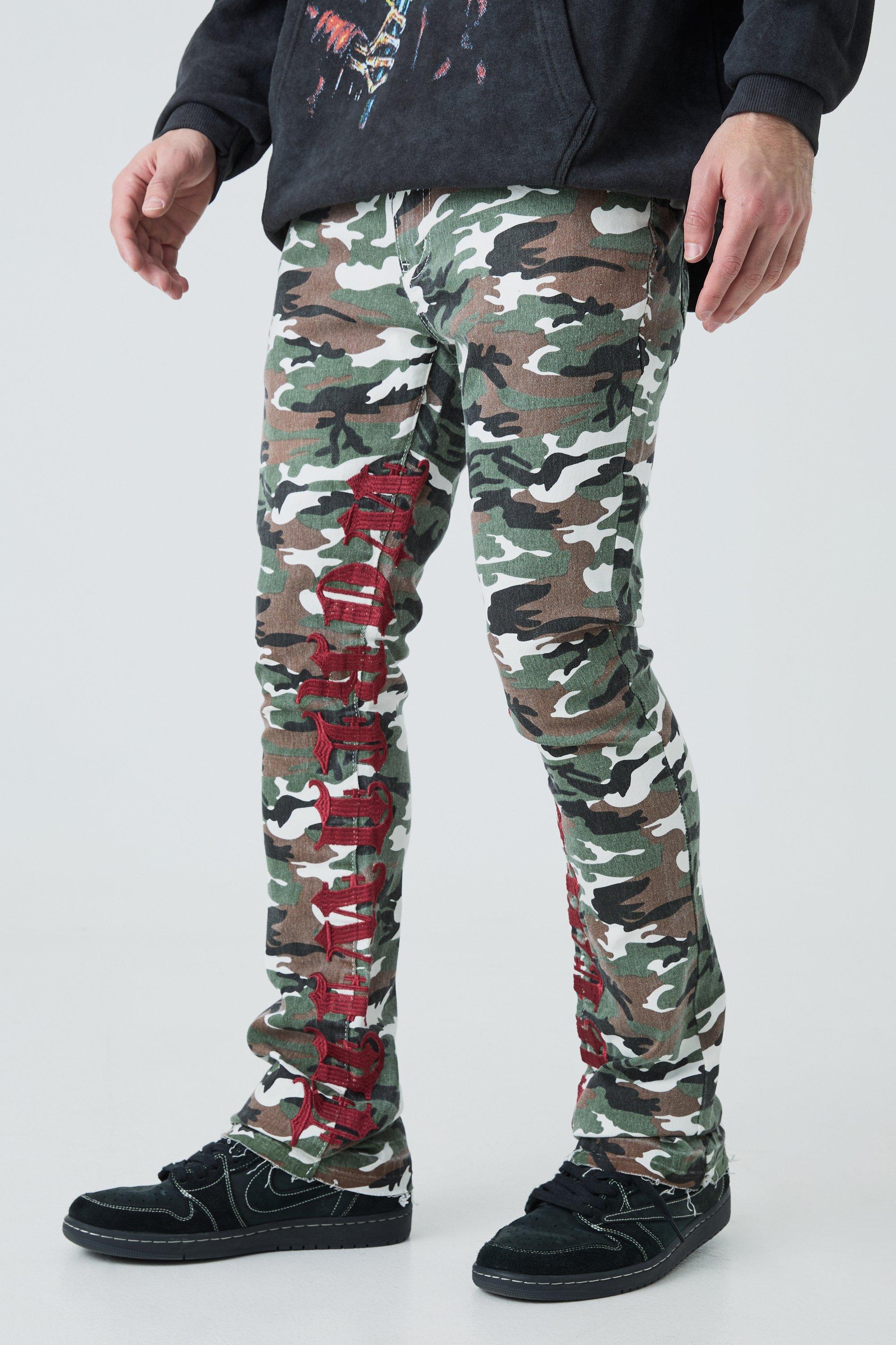 Mens Green Skinny Stretch Stacked Camo Embroidered Gusset Jeans, Green