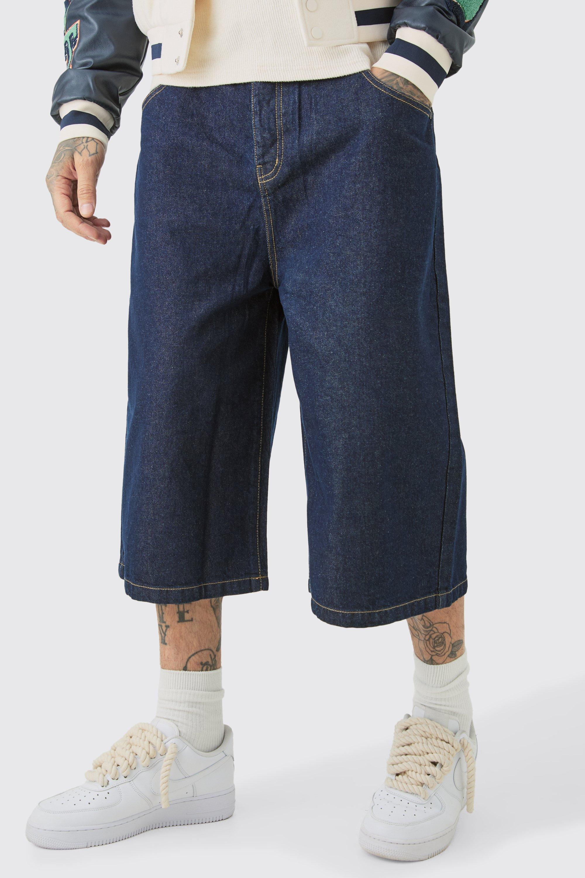 Mens Blue Tall Long Line Denim Jorts In Indigo, Blue