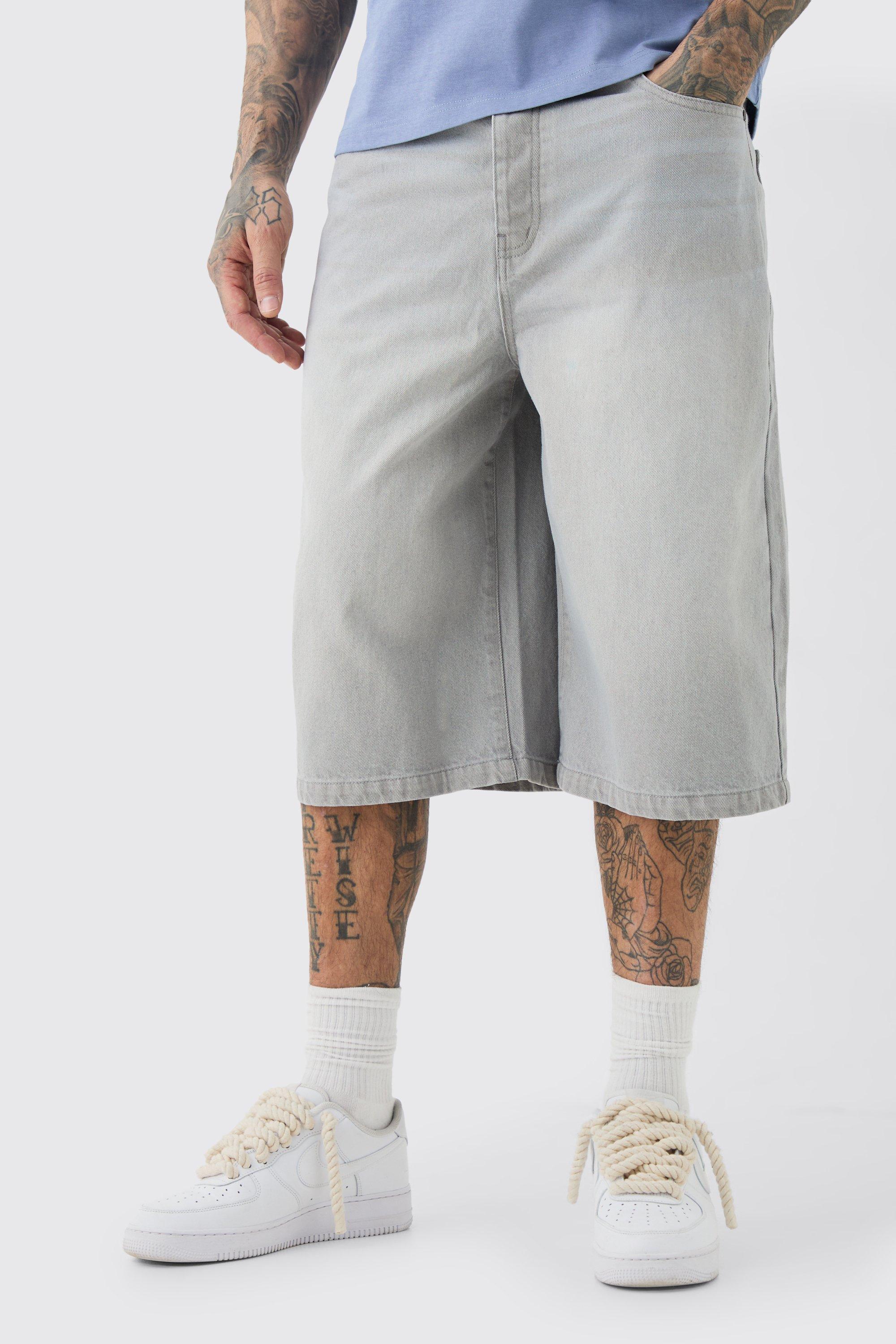 Mens Tall Long Line Denim Jorts In Grey Wash, Grey