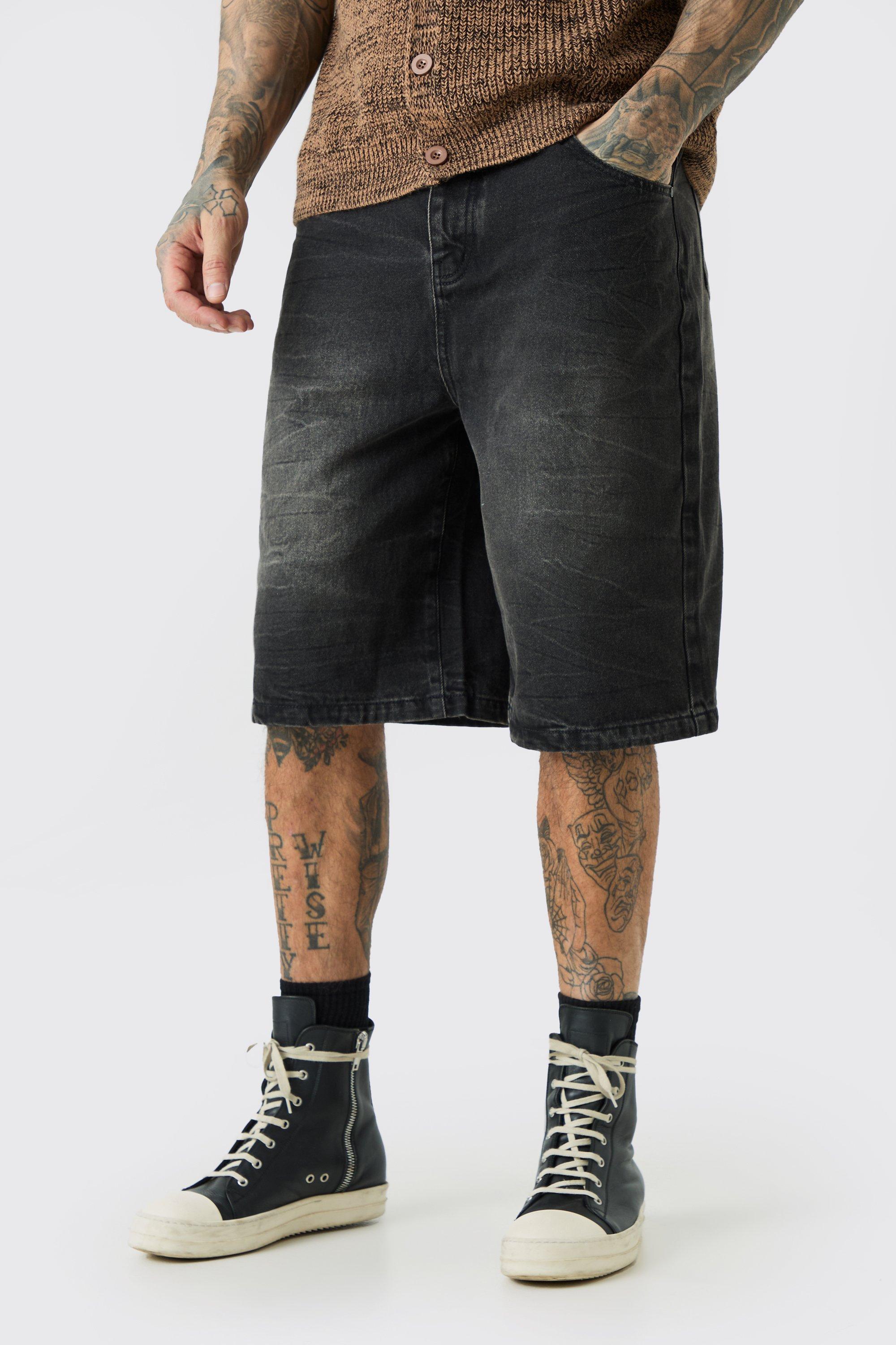 Mens Tall Baggy Denim Jorts In Washed Black, Black