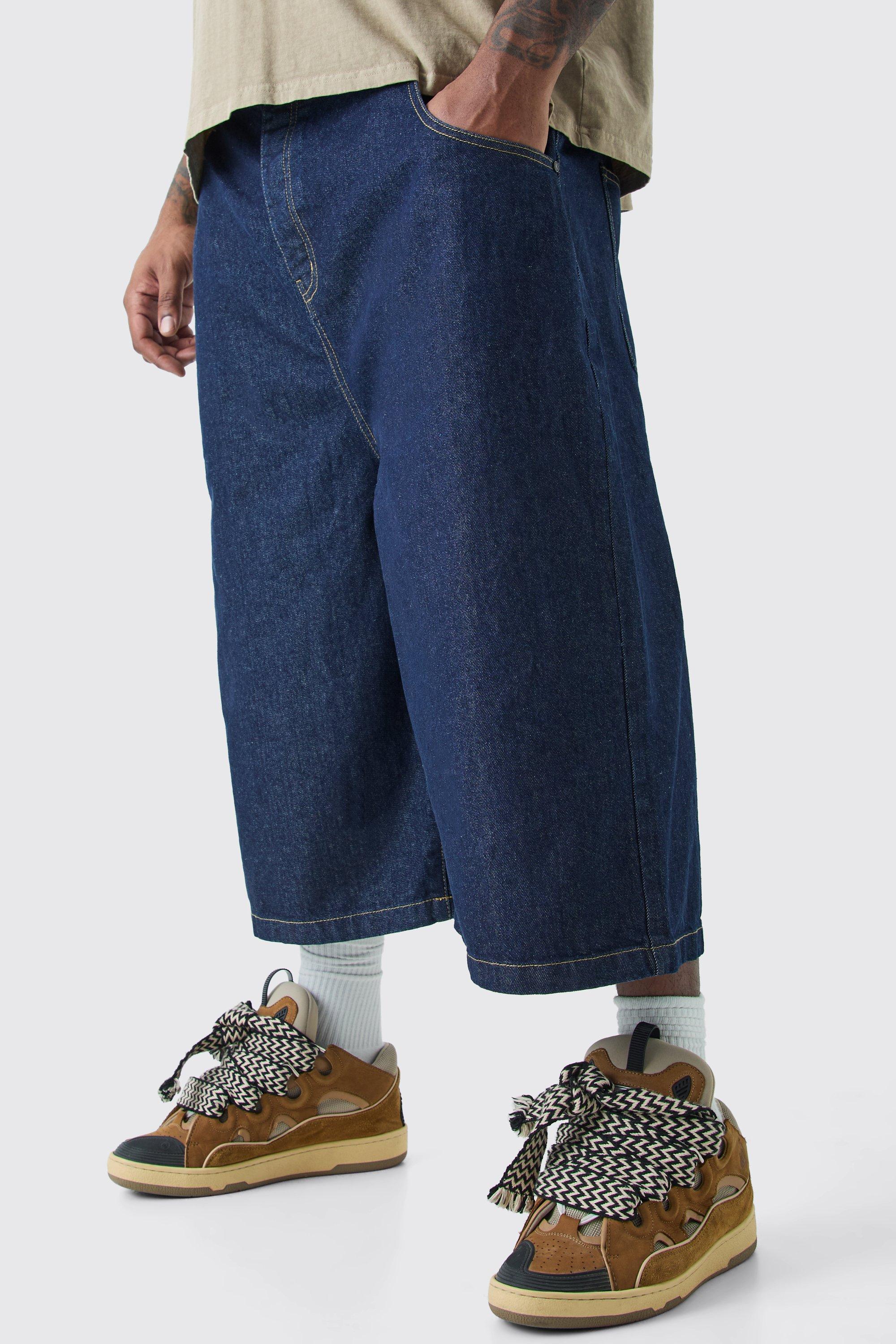 Mens Blue Plus Long Line Denim Jorts In Indigo, Blue
