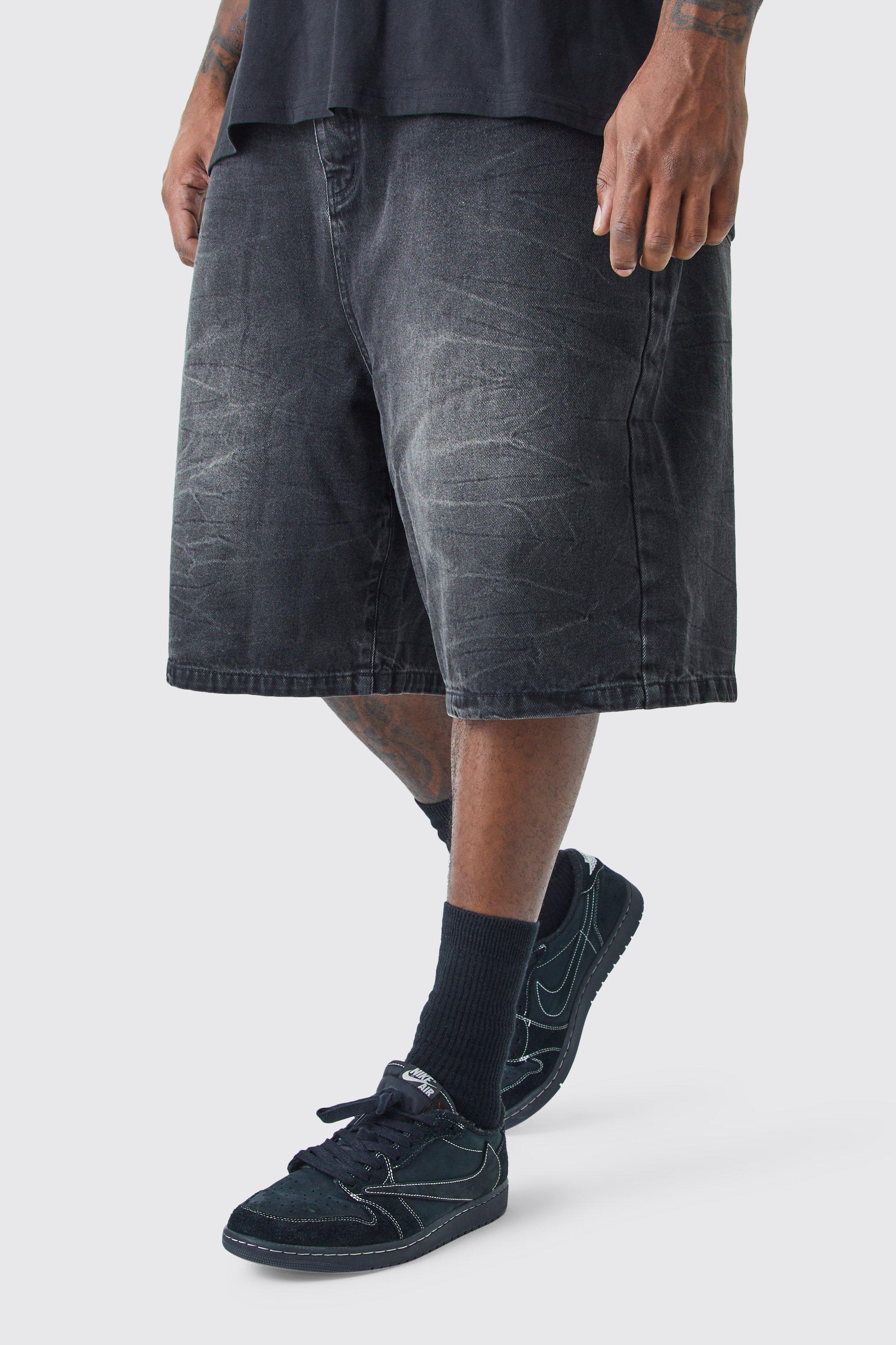 Mens Plus Baggy Denim Jorts In Washed Black, Black