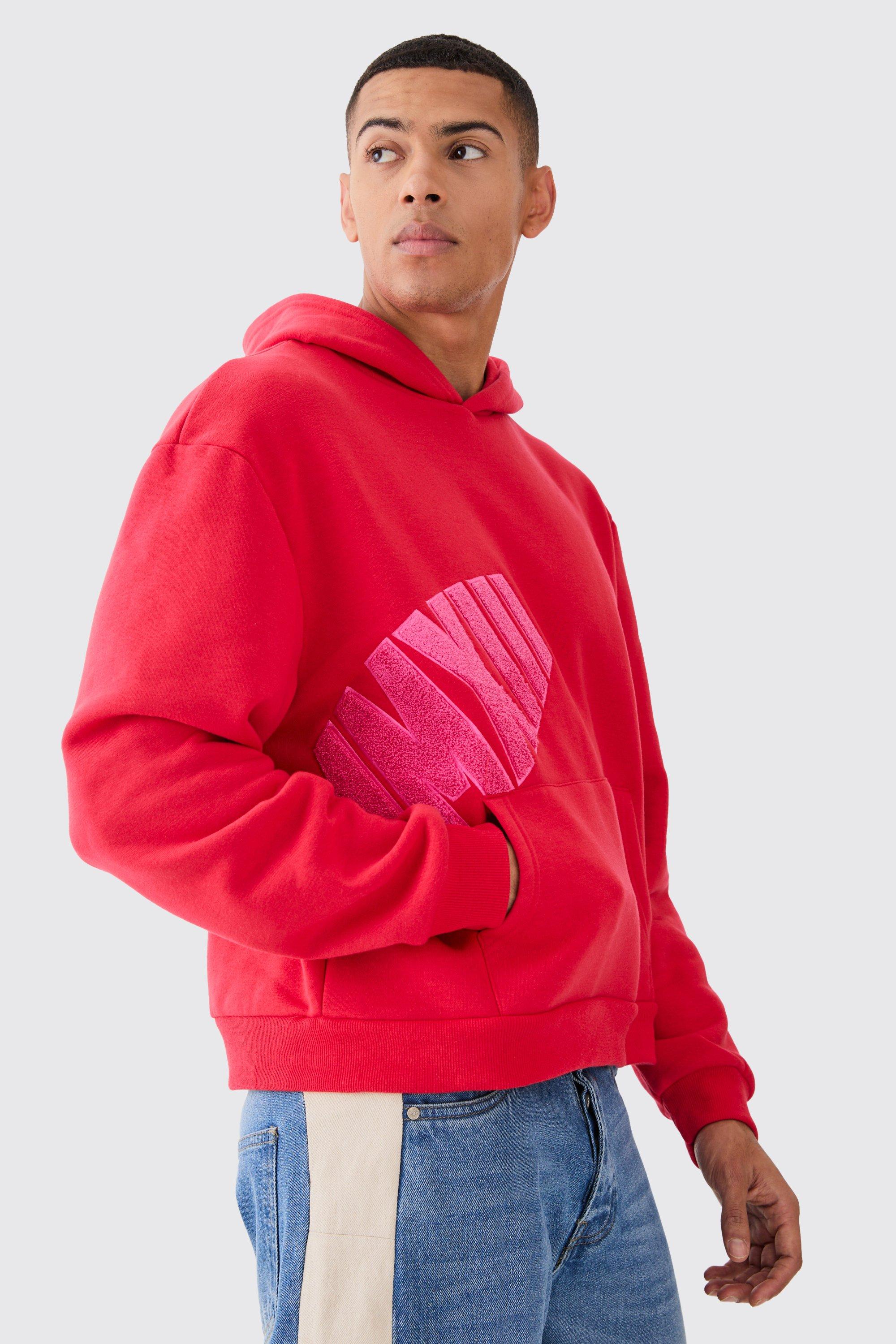 Mens Red Oversized Boxy Borg Applique Hoodie, Red