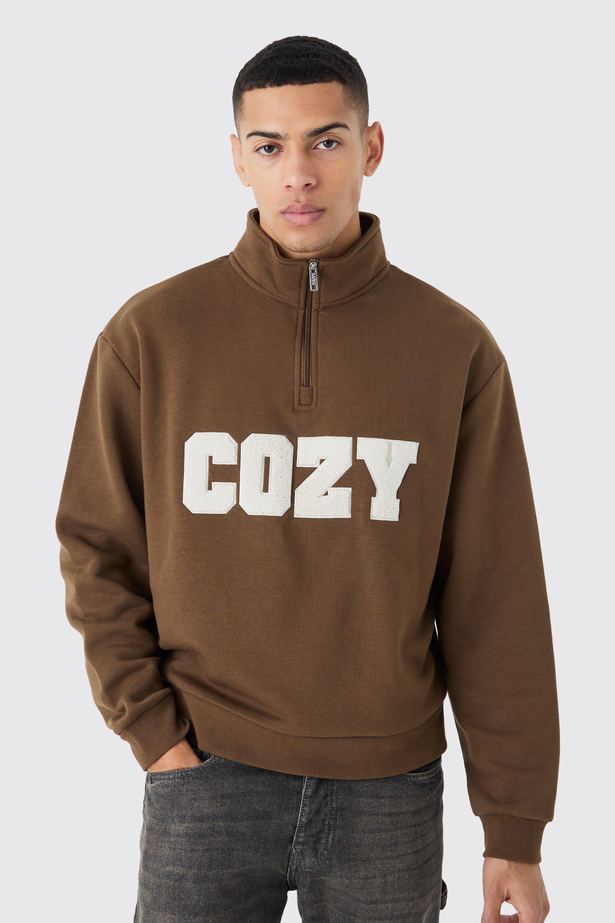 Mens Brown Oversized Boxy 1/4 Zip Borg Applique Sweatshirt, Brown