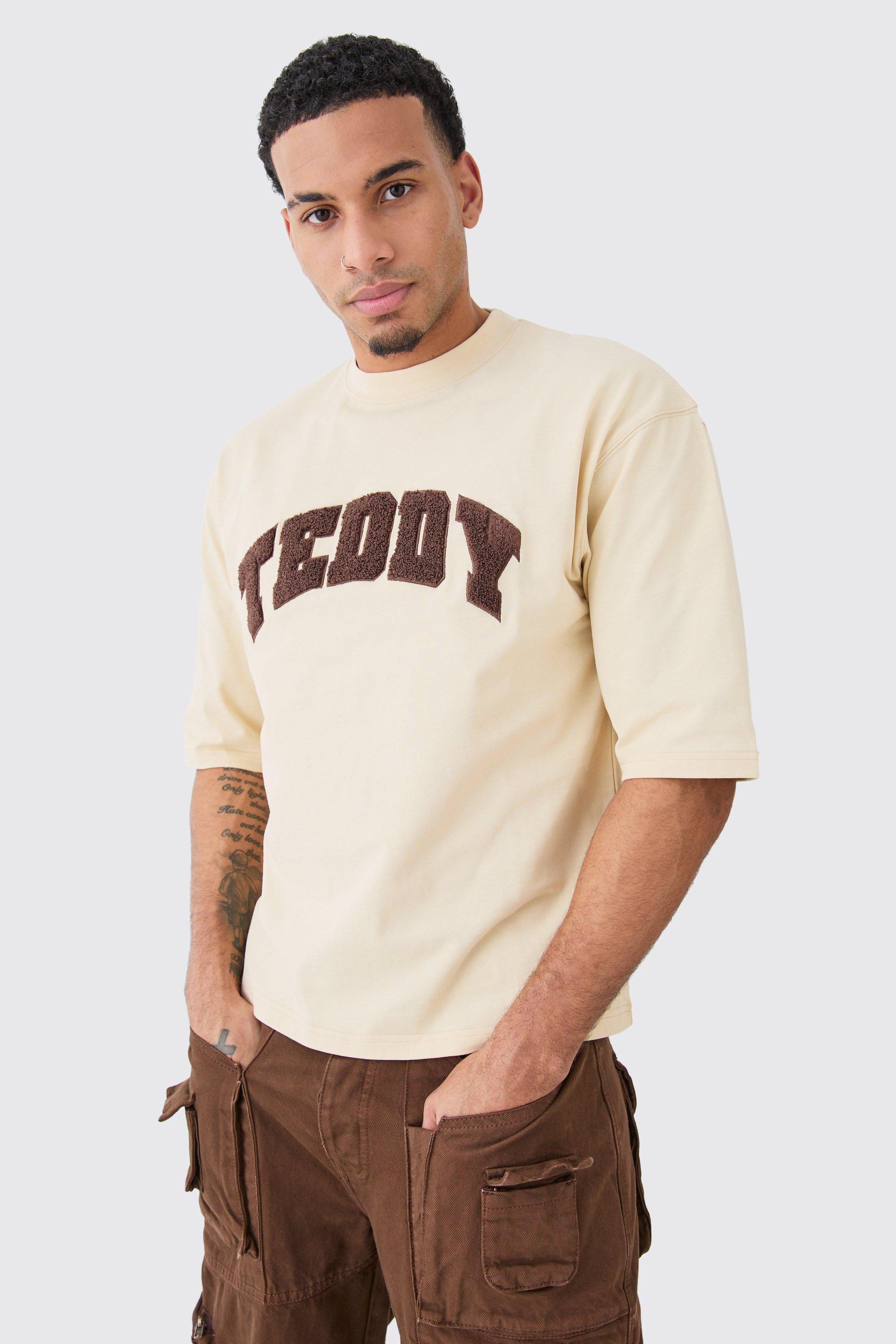 Mens Brown Boxy Half Sleeve Borg Applique T-shirt, Brown
