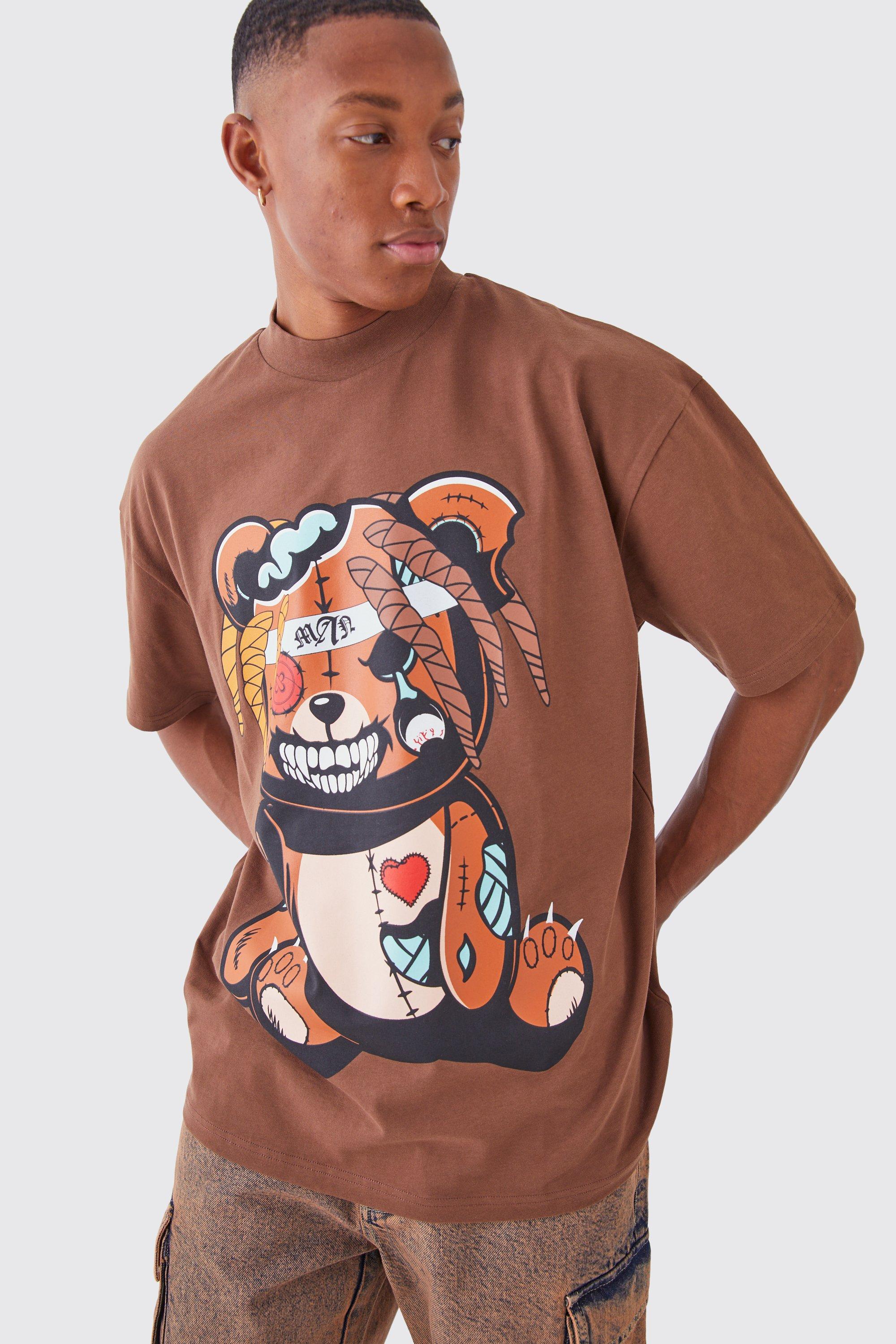 Mens Brown Oversized Angry Teddy Extended Neck T-shirt, Brown