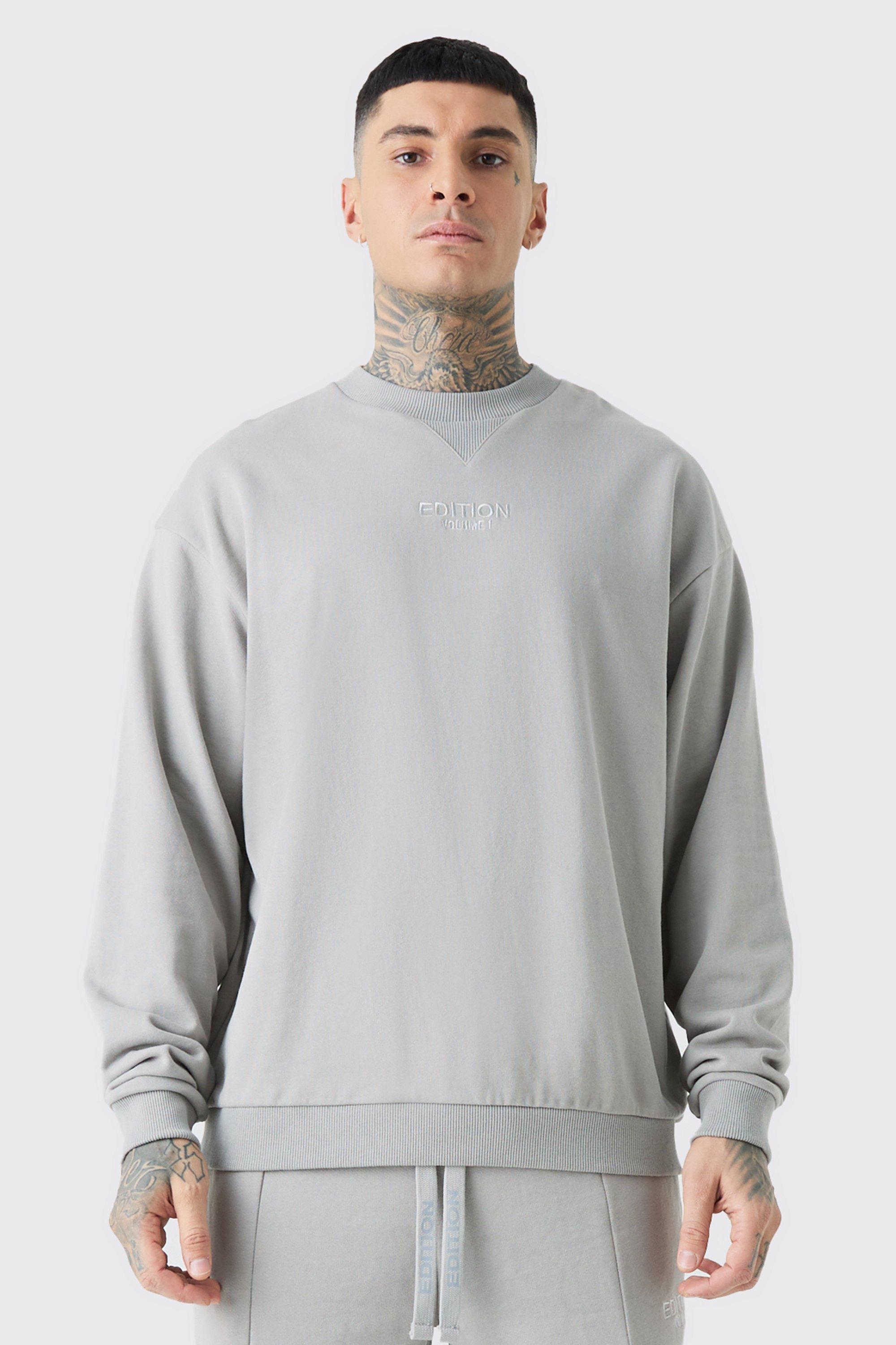 Mens Grey Tall EDITION Oversized Extended Neck Heavyweight Sweatshirt, Grey