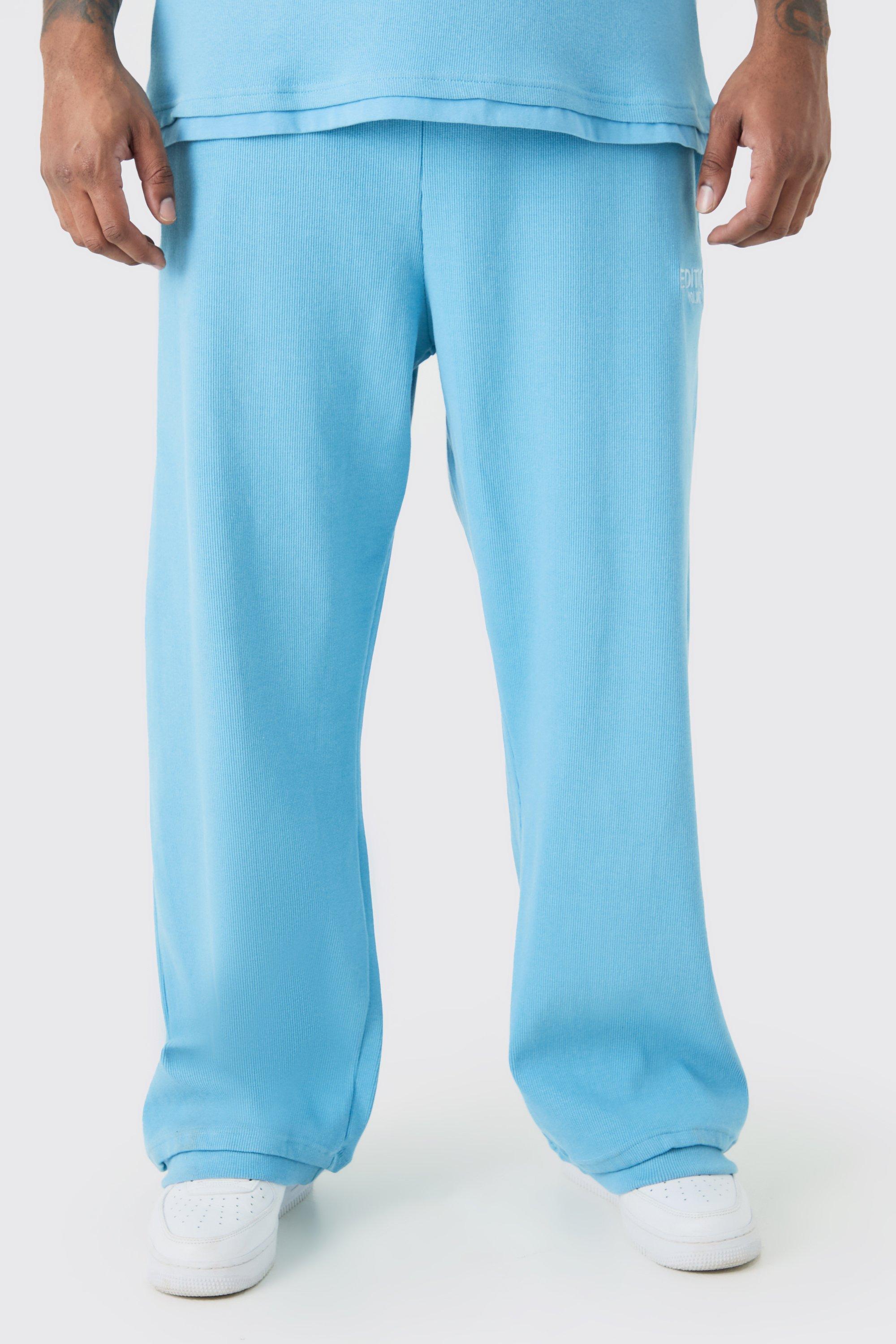 Image of Pantaloni tuta Plus Size EDITION pesanti dritti a coste con spacco sul fondo, Azzurro