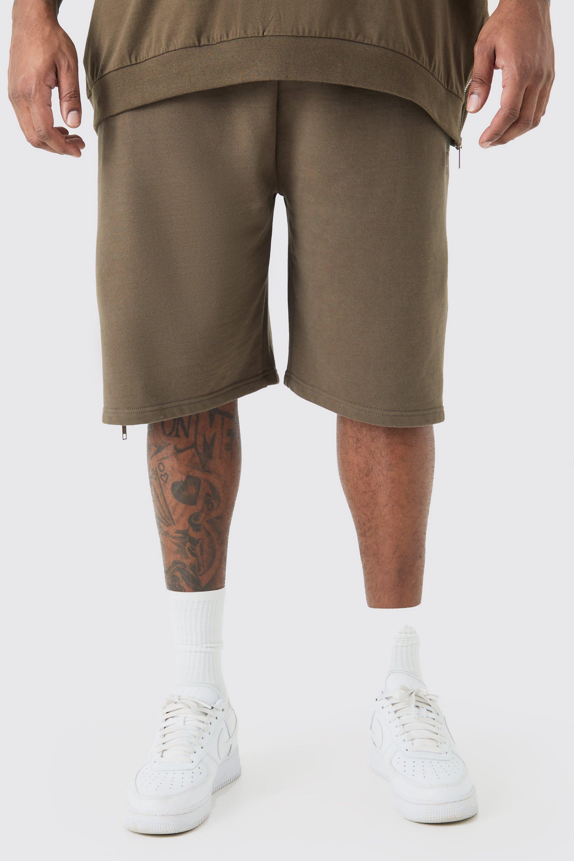 Mens Brown Plus EDITION Oversized Heavyweight Zip Hem Shorts, Brown