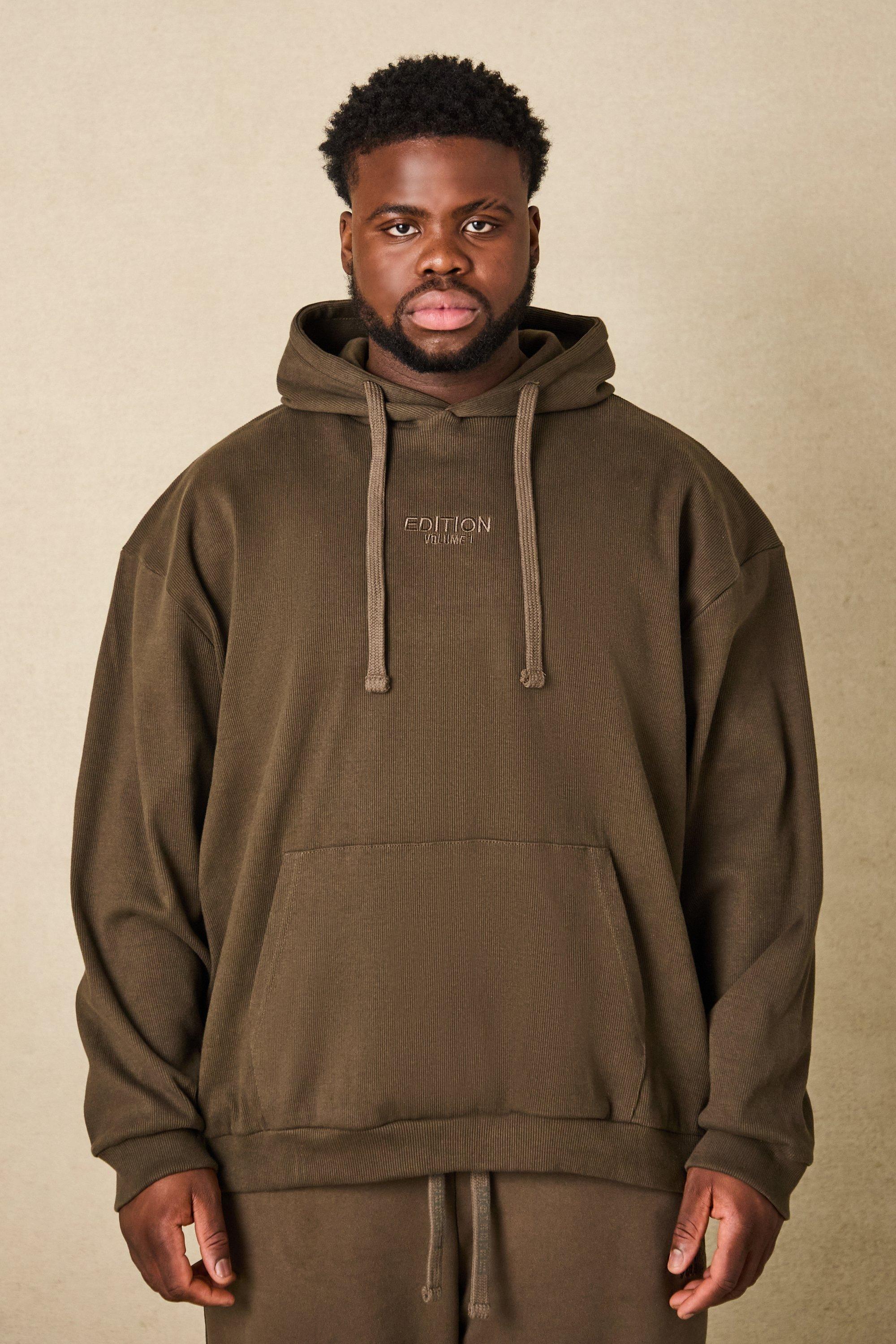 Mens Brown Plus EDITION Oversized Heavyweight Ribbed Hoodie, Brown