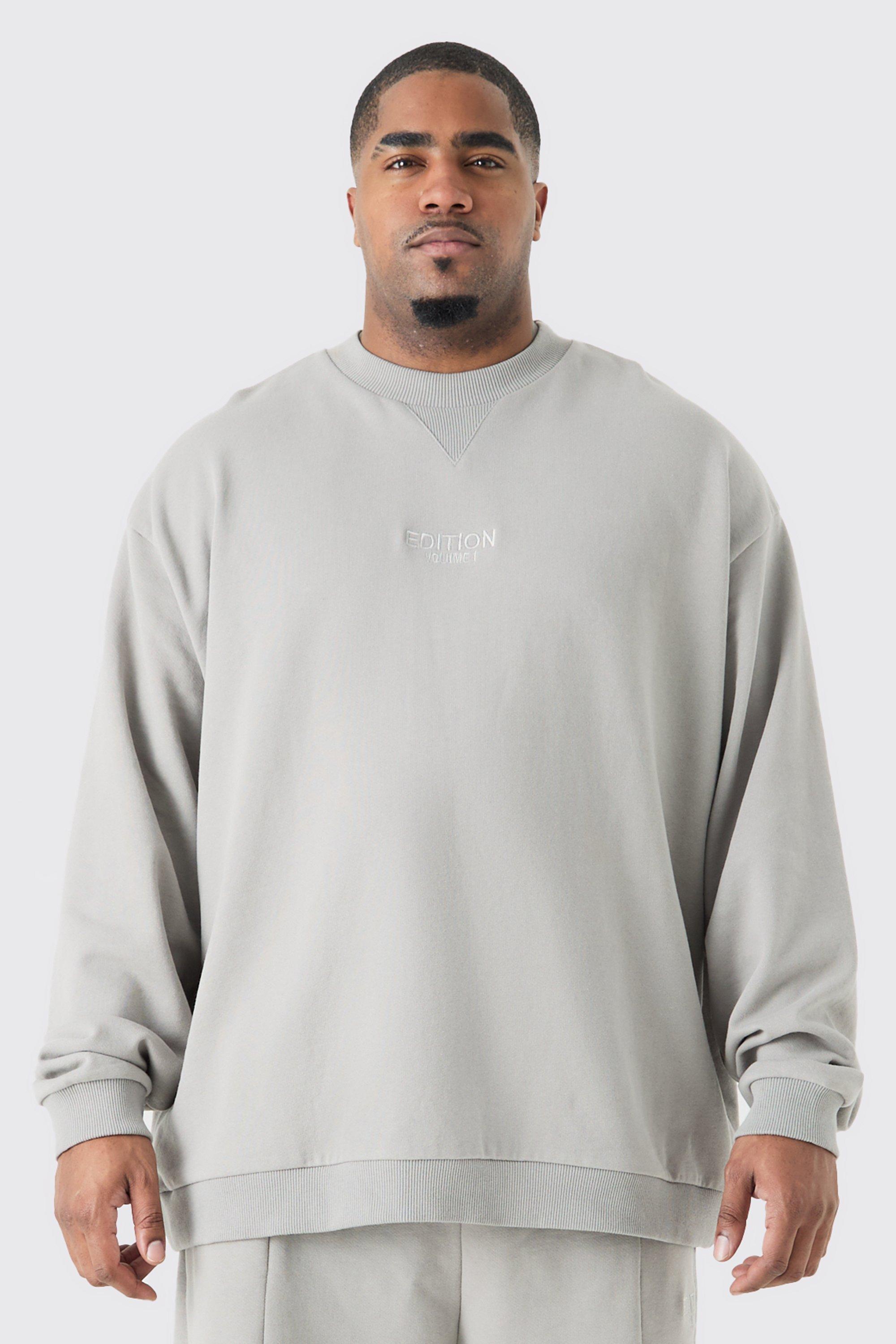 Mens Grey Plus EDITION Oversized Extended Neck Heavyweight Sweatshirt, Grey