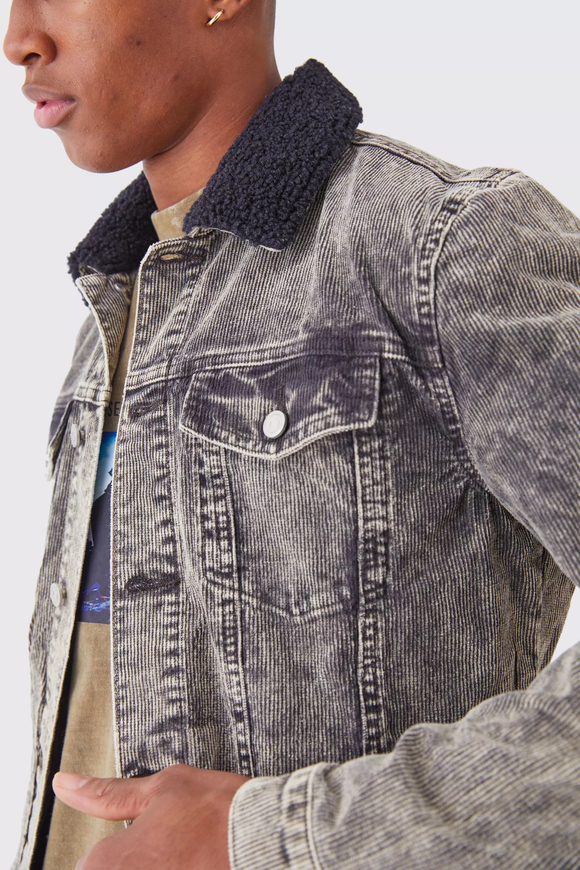 Grey denim jacket borg on sale collar