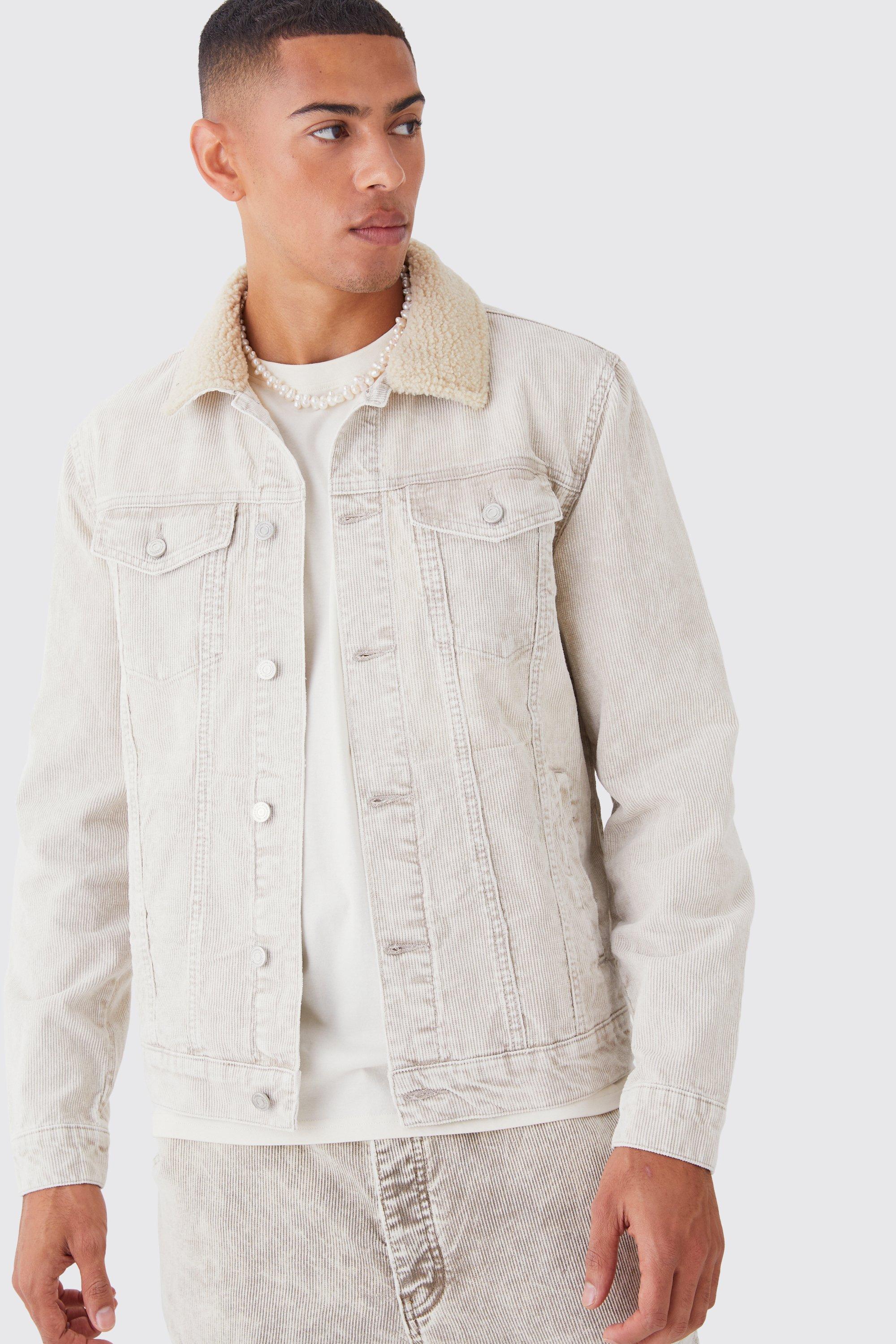 Mens Beige Acid Wash Cord Jacket With Borg Collar In Stone, Beige