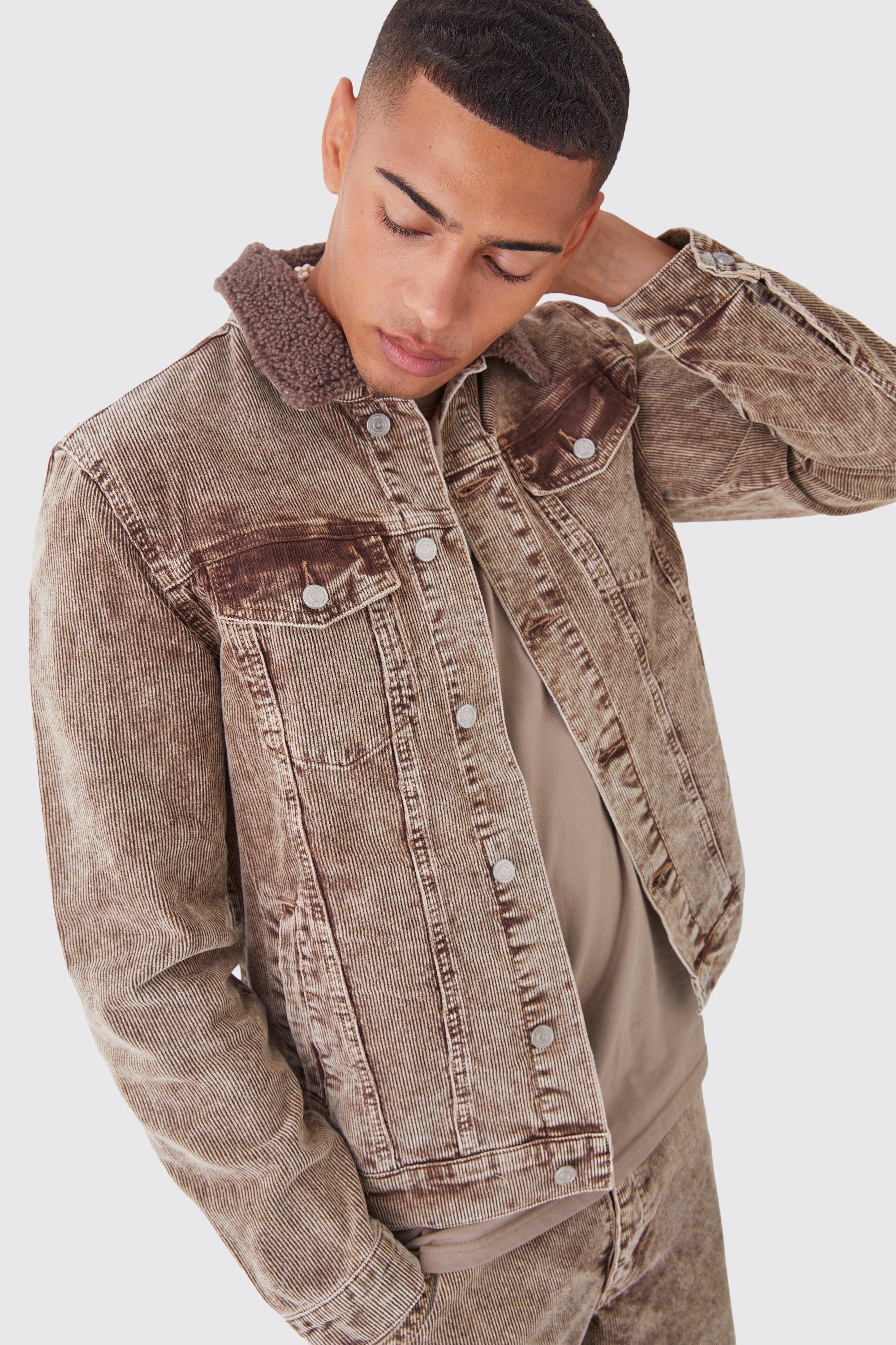 Mens Brown Acid Wash Cord Jacket With Borg Collar In Chocolate, Brown