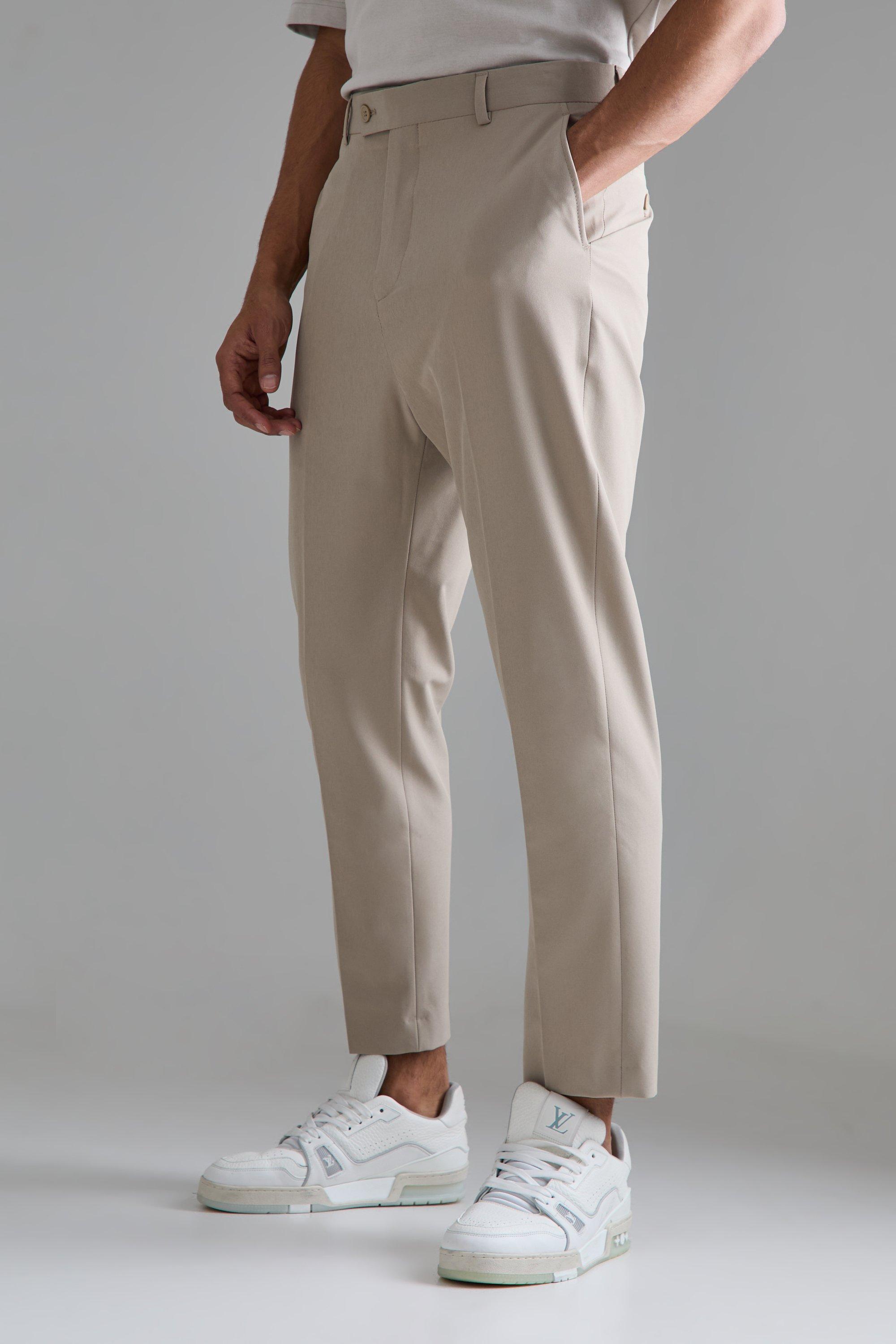 Mens Beige High Rise 4 Way Stretch Tapered Trousers, Beige