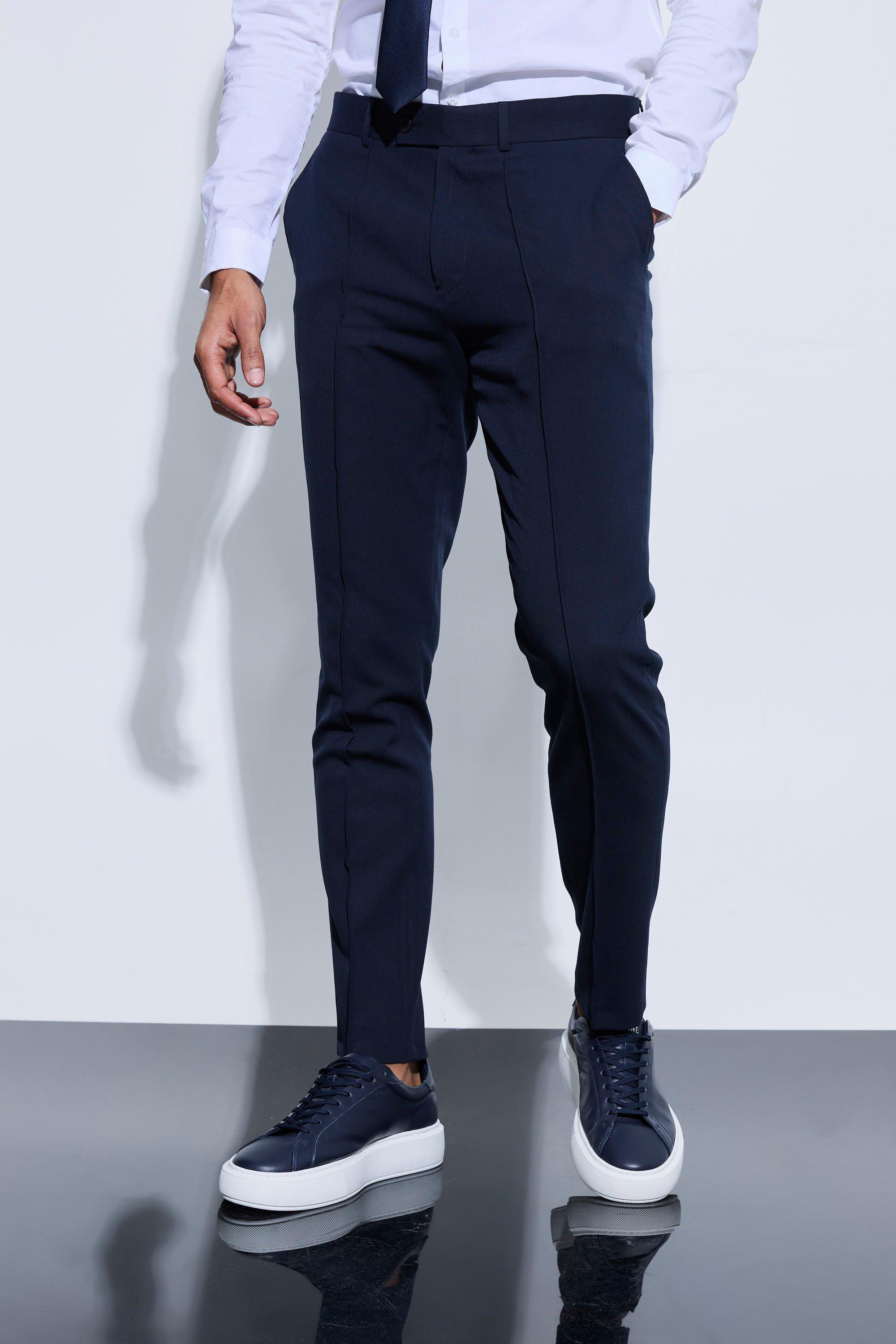 Mens Navy Slim Crop Pintuck Smart Jogger Trouser, Navy