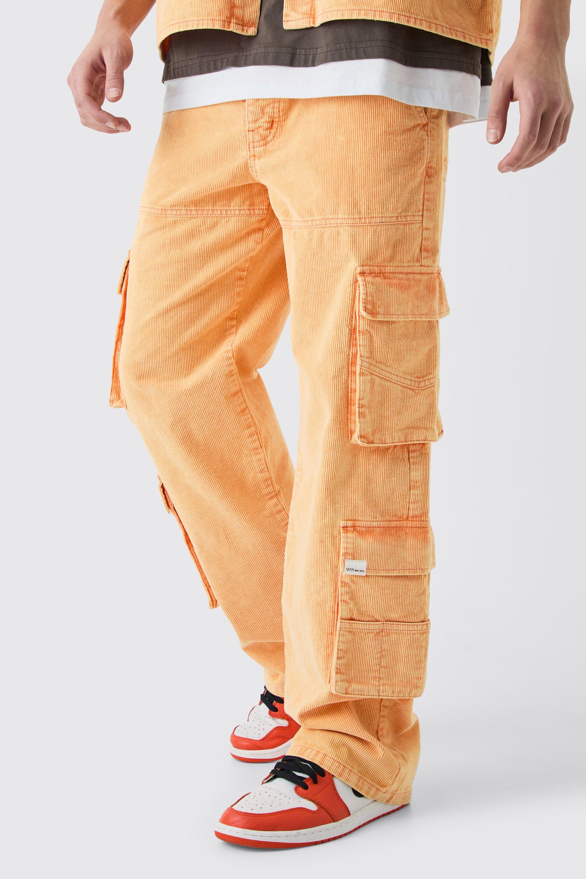 Image of Pantaloni extra comodi in velluto a coste arancioni con tasche in lavaggio acido, Arancio