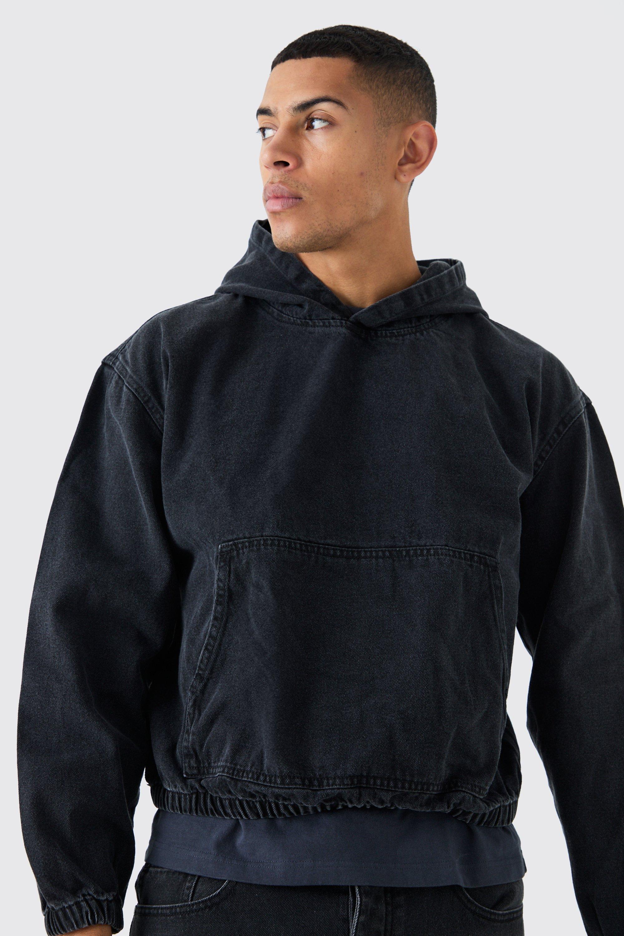 Mens Black Denim Boxy Fit Hoodie, Black