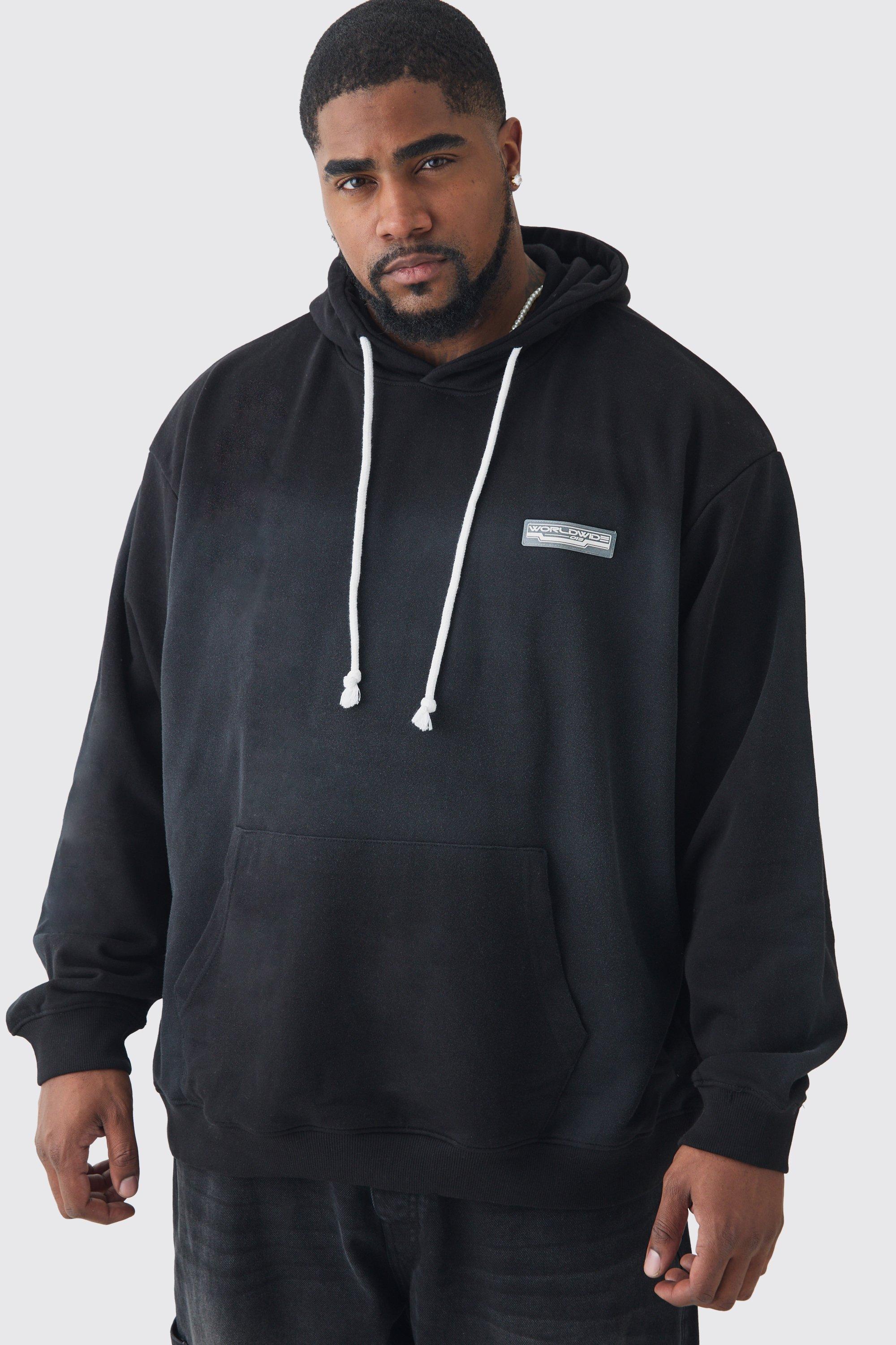 Mens Black Plus Oversized Washed Loopback Rubber Badge Hoodie, Black