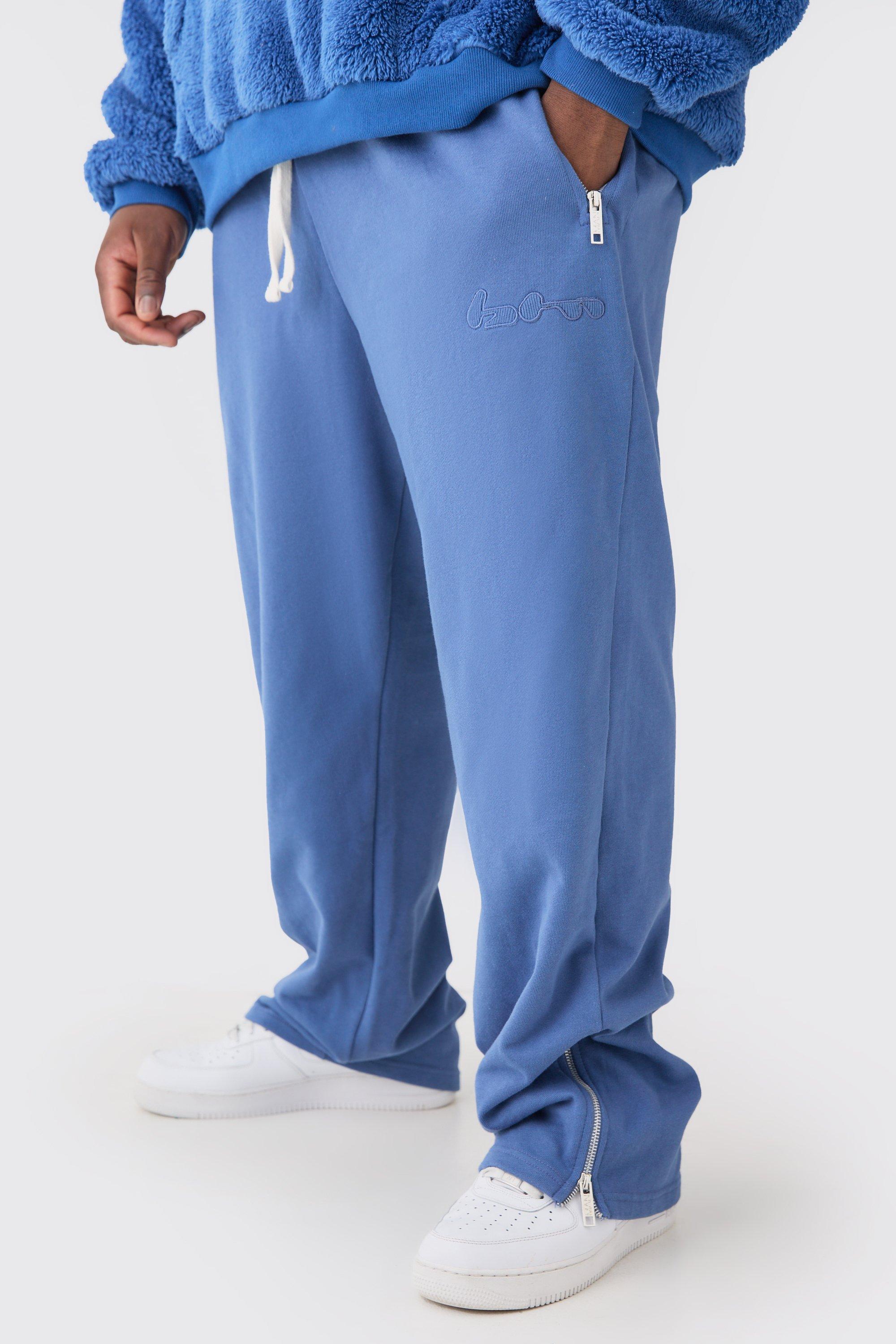 Mens Blue Plus Oversized Loopback Ribbed Applique Zip Jogger, Blue