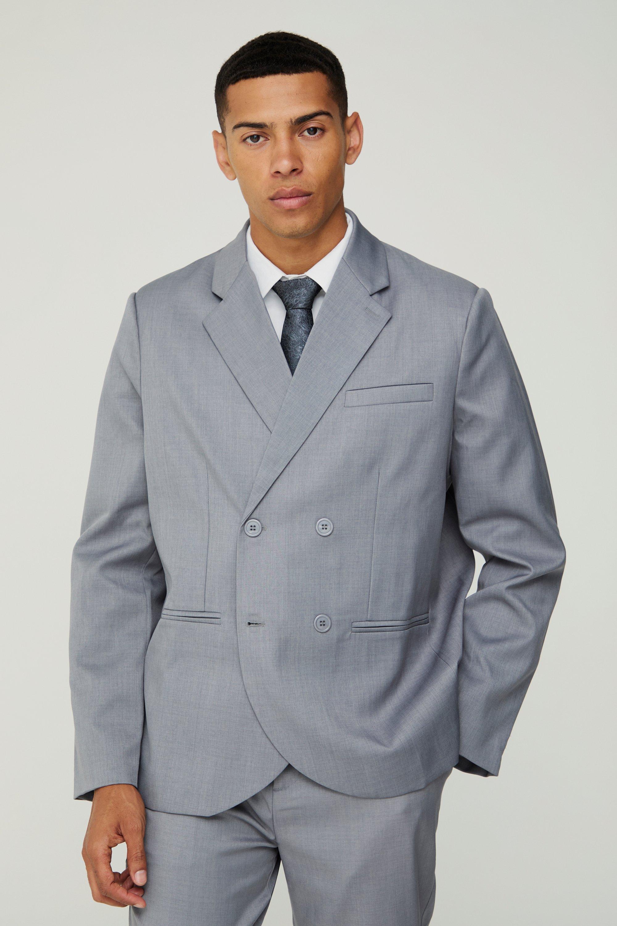 Mens Grey Textured Double Breasted Suit Jacket, Grey