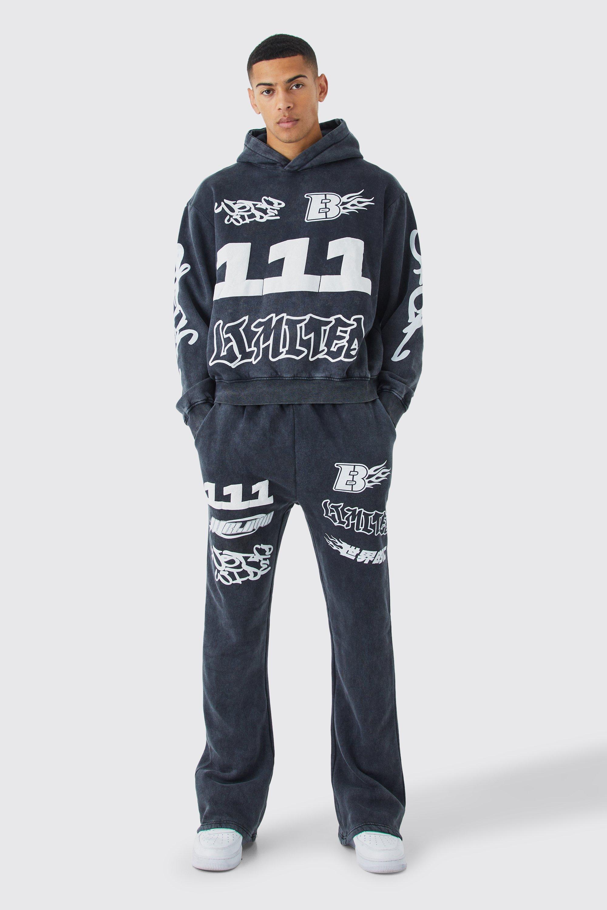 Mens Black Oversized Boxy Puff Print Wash Hooded Tracksuit, Black