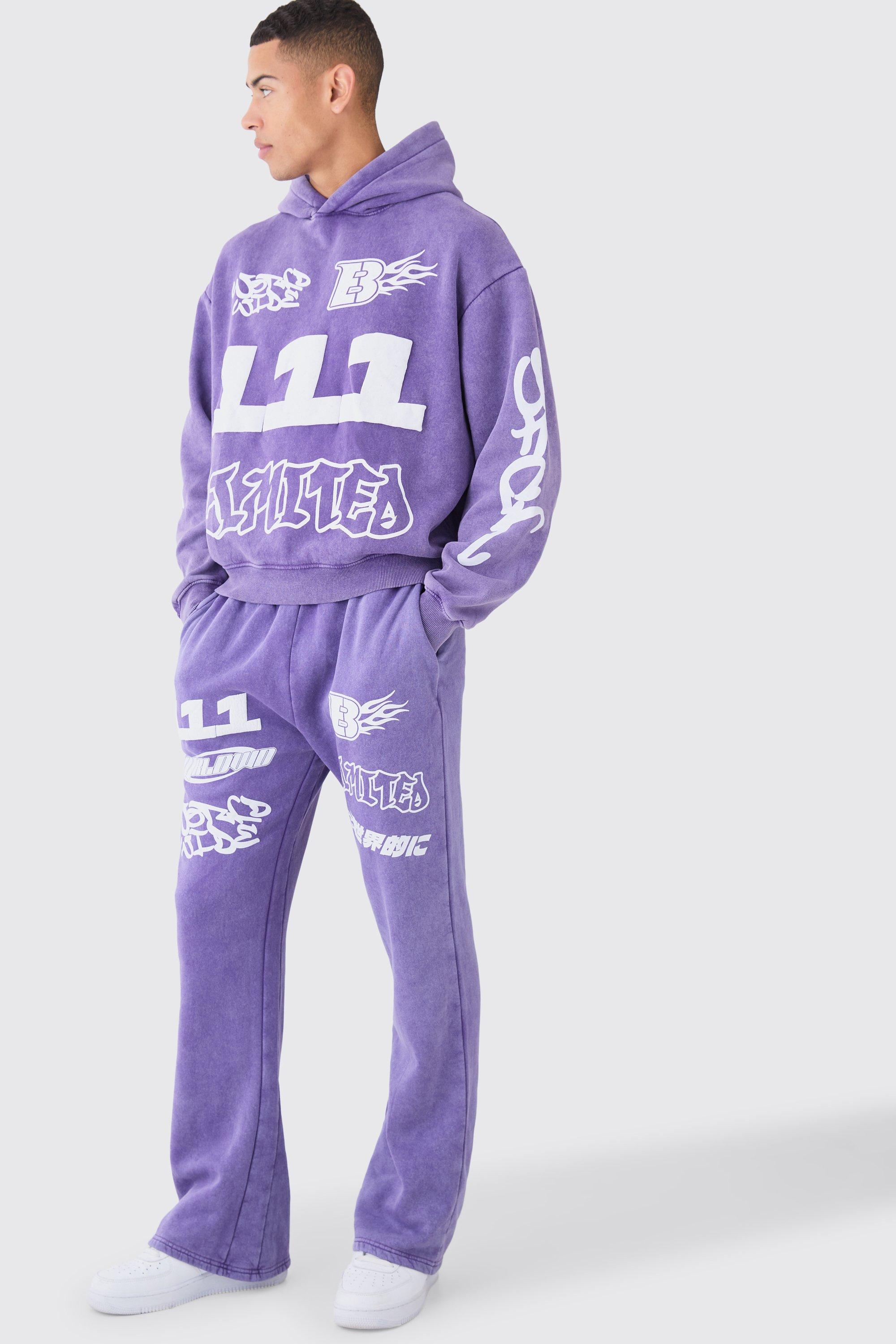 Mens Purple Oversized Boxy Puff Print Wash Hooded Tracksuit, Purple