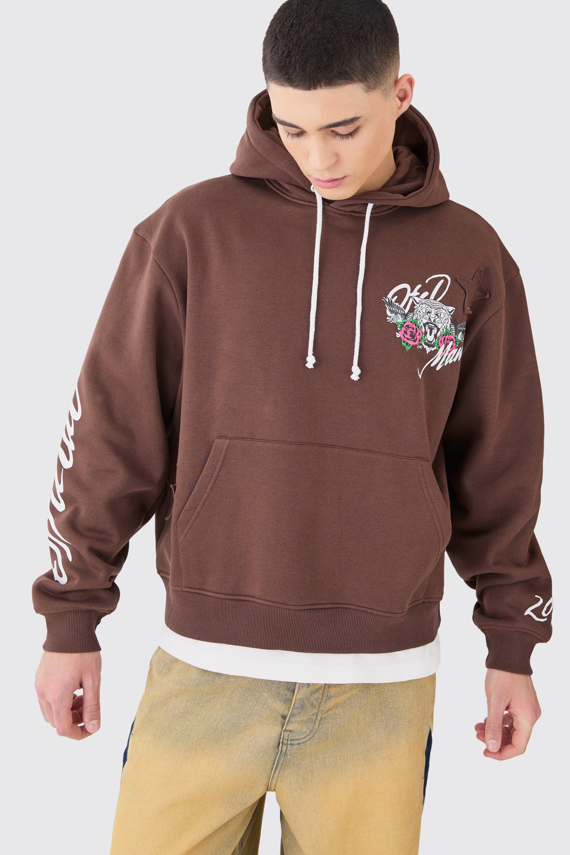 Mens Brown Oversized Boxy Tiger Hoodie, Brown