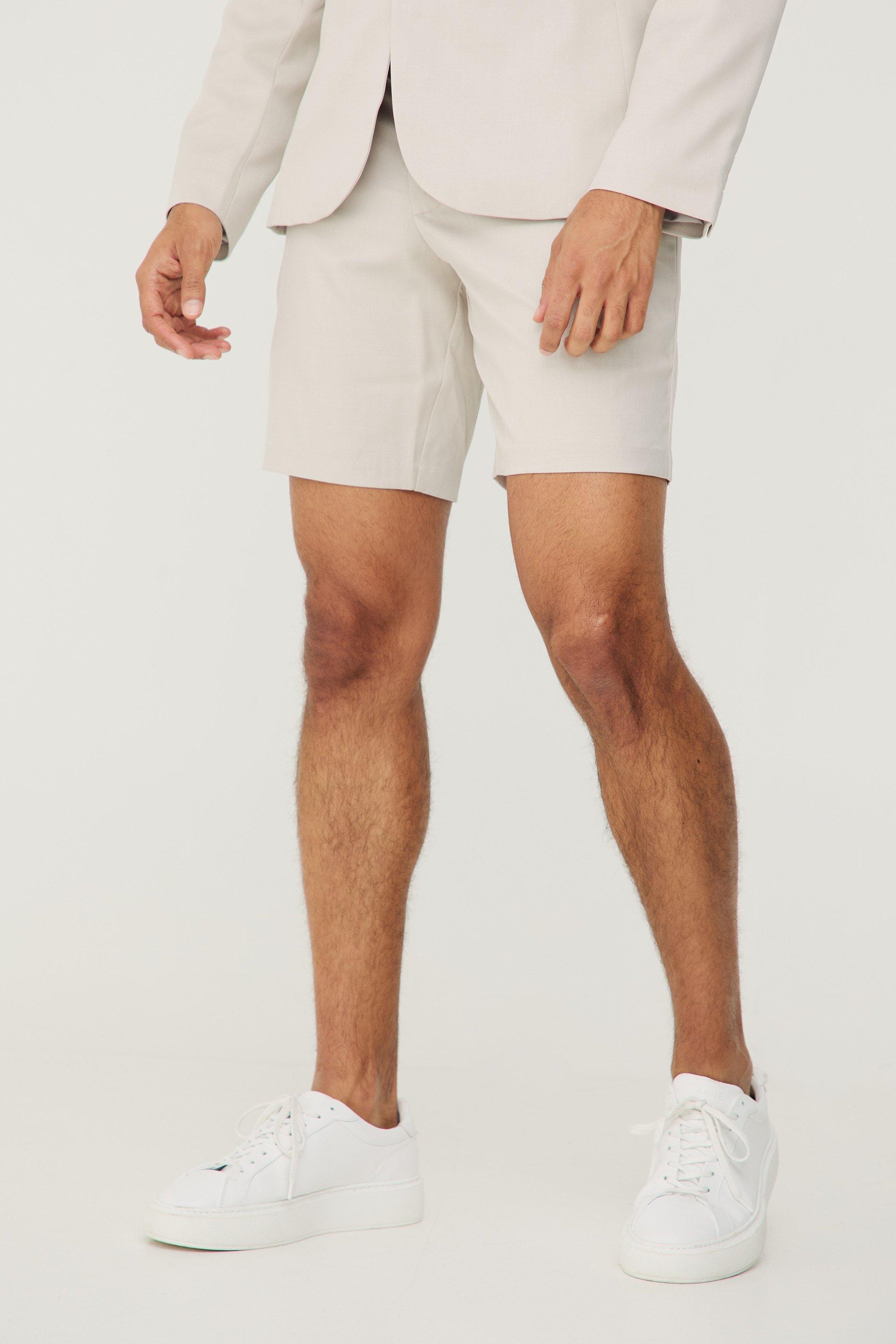 Mens Beige Textured Slim Fit Suit Shorts, Beige