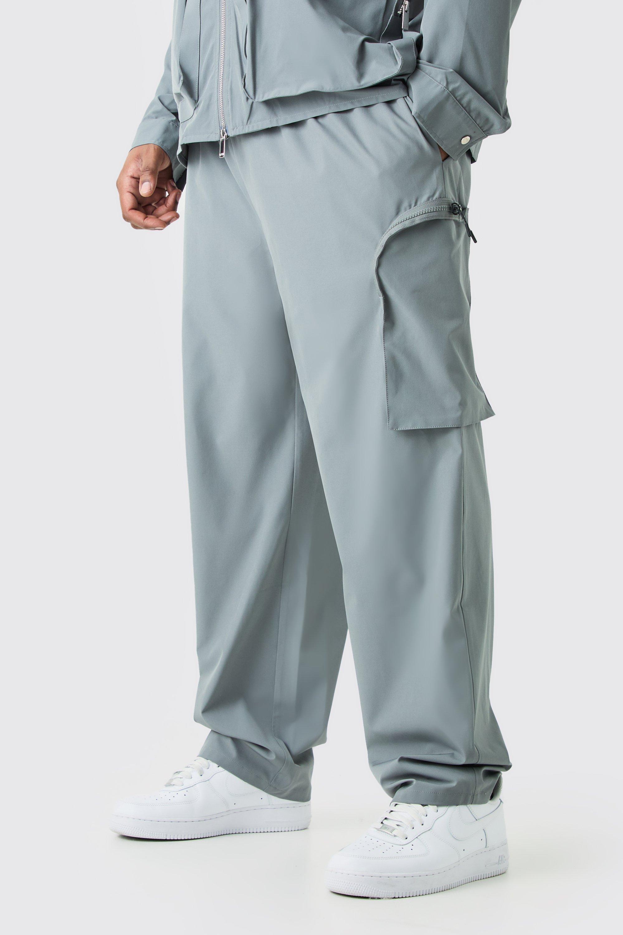 Image of Pantaloni Cargo Plus Size in Stretch tecnico con vita elasticizzata e zip, Grigio