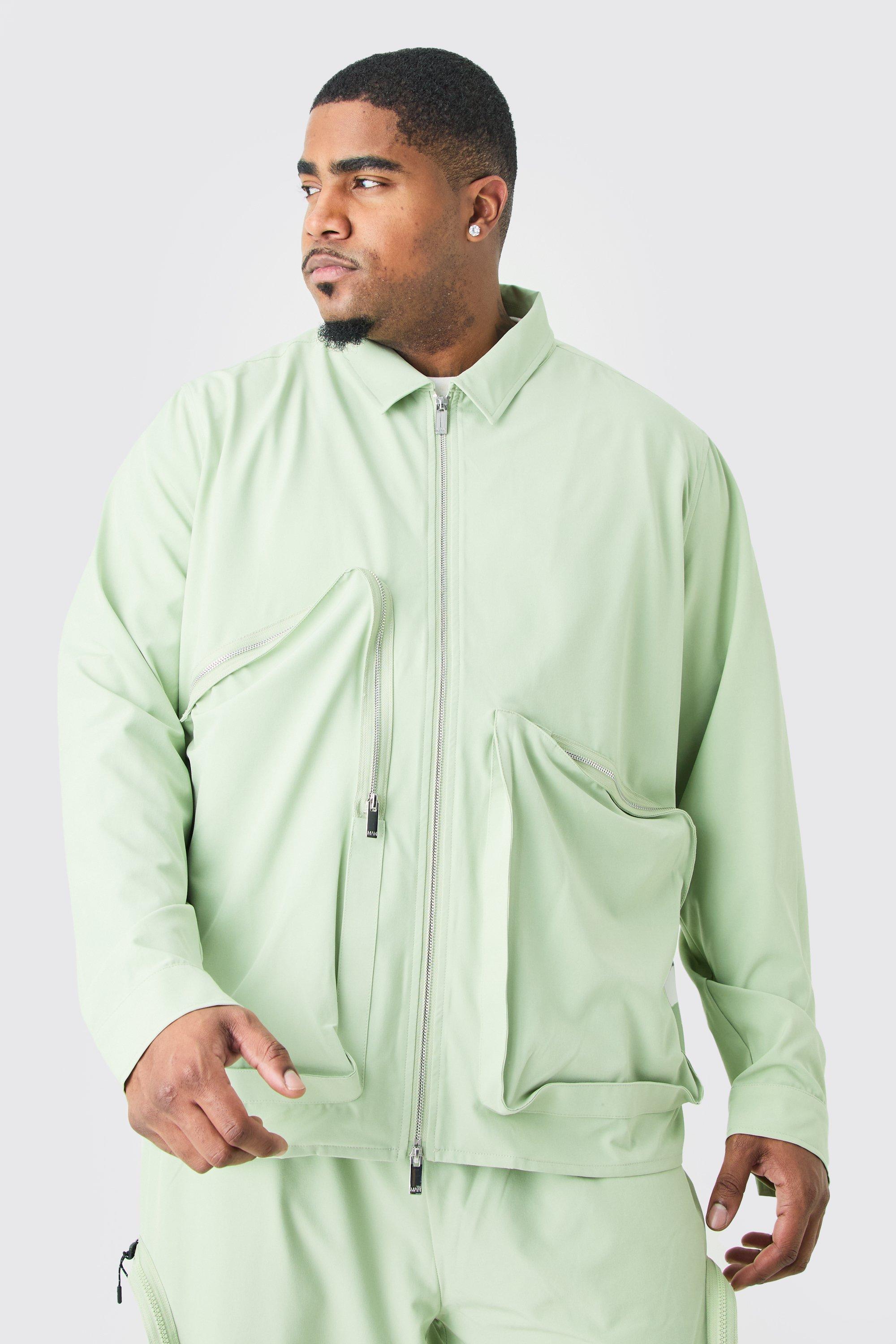 Mens Green Plus Technical Stretch Harrington Asymmetrical Jacket, Green