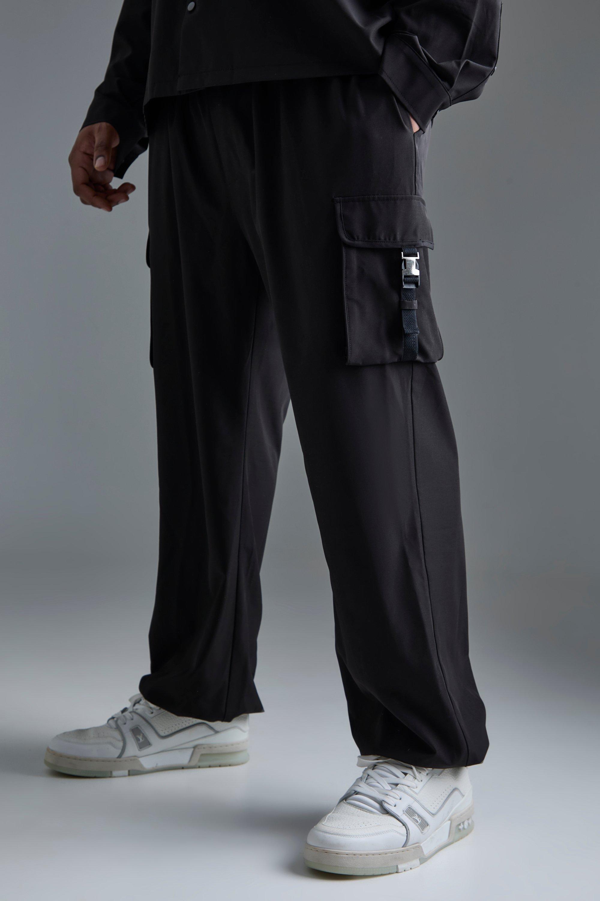 Mens Black Plus Technical Stretch Elasticated Waist Utility Cargo Trouser, Black