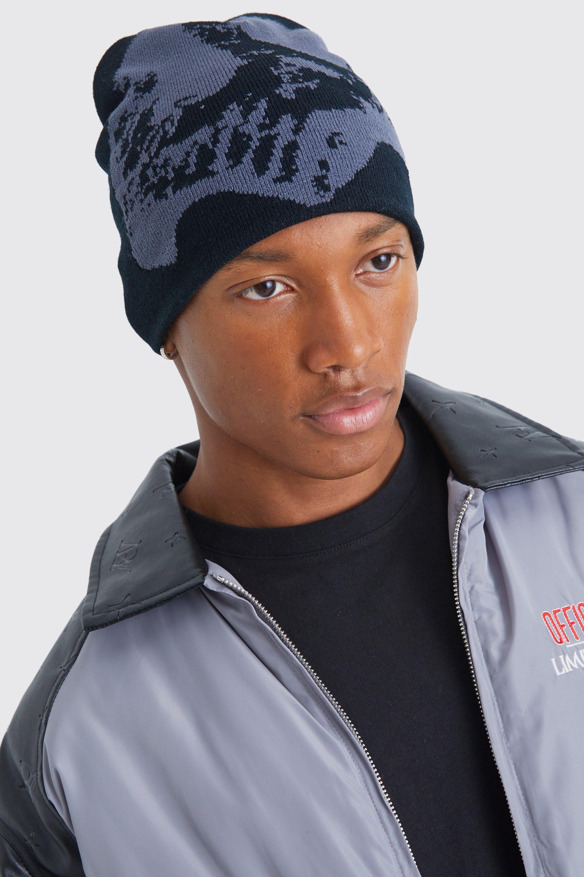 Mens Black Skull Jacquard Beanie, Black