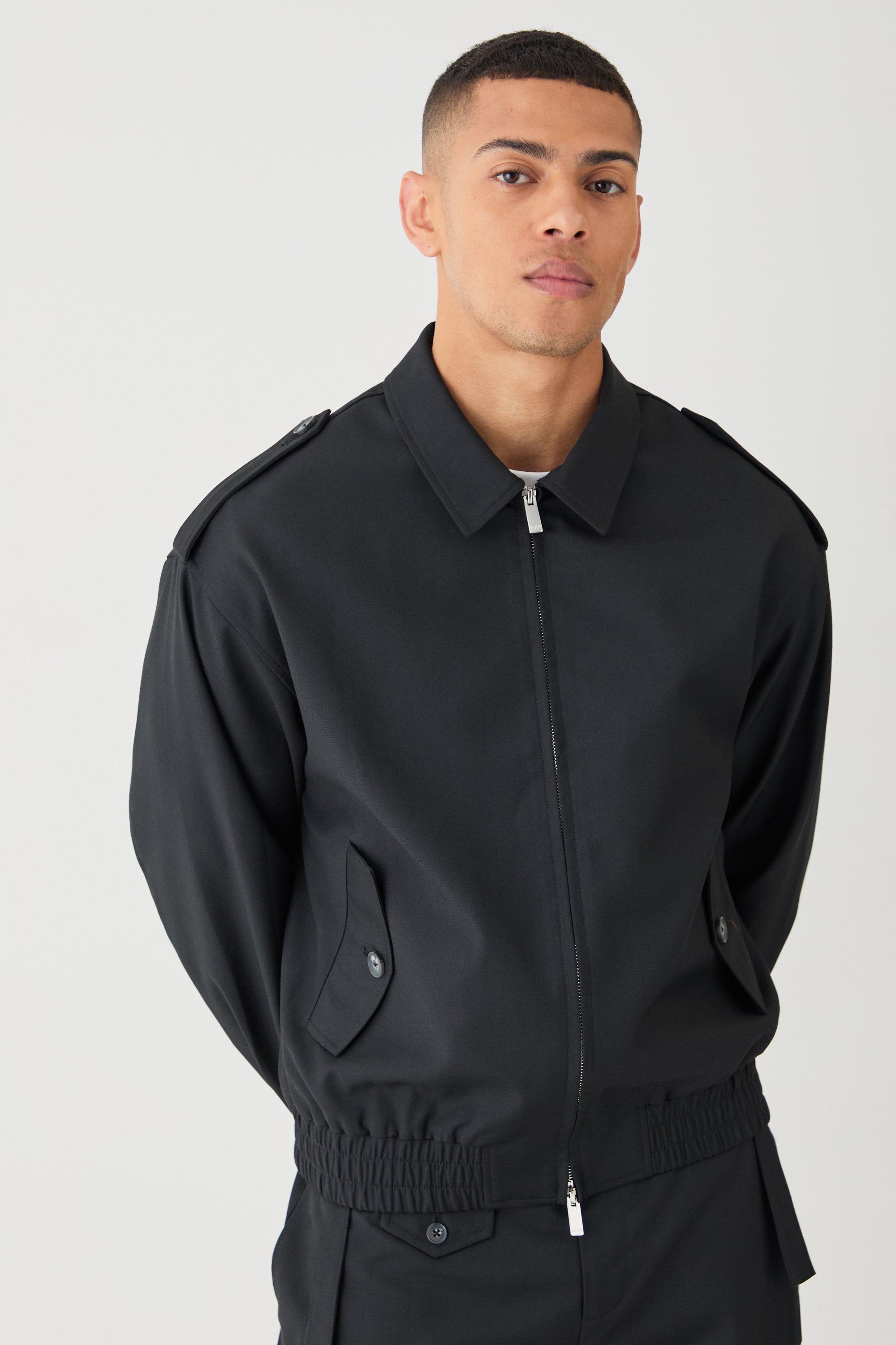 Mens Black Boxy Formal Bomber Jacket, Black