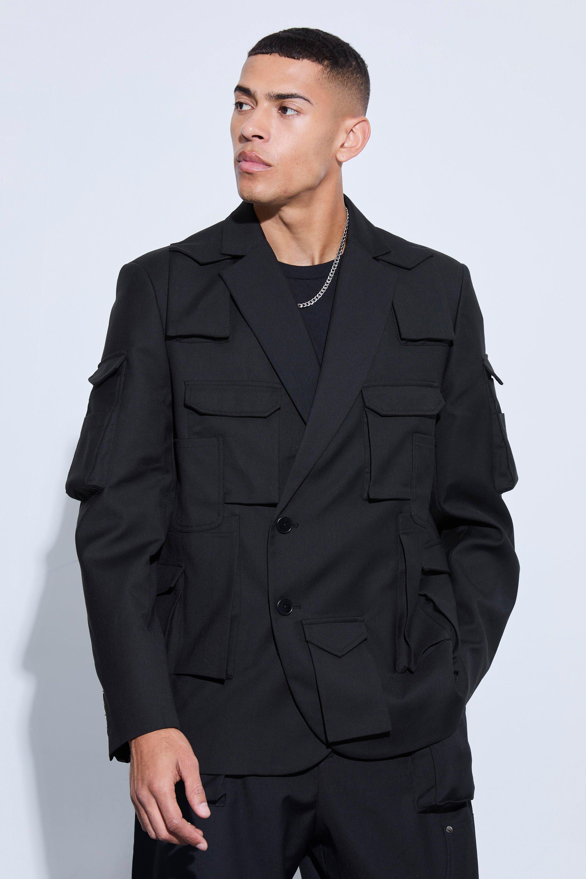 Mens Black Extreme Pocket Oversized Blazer,...