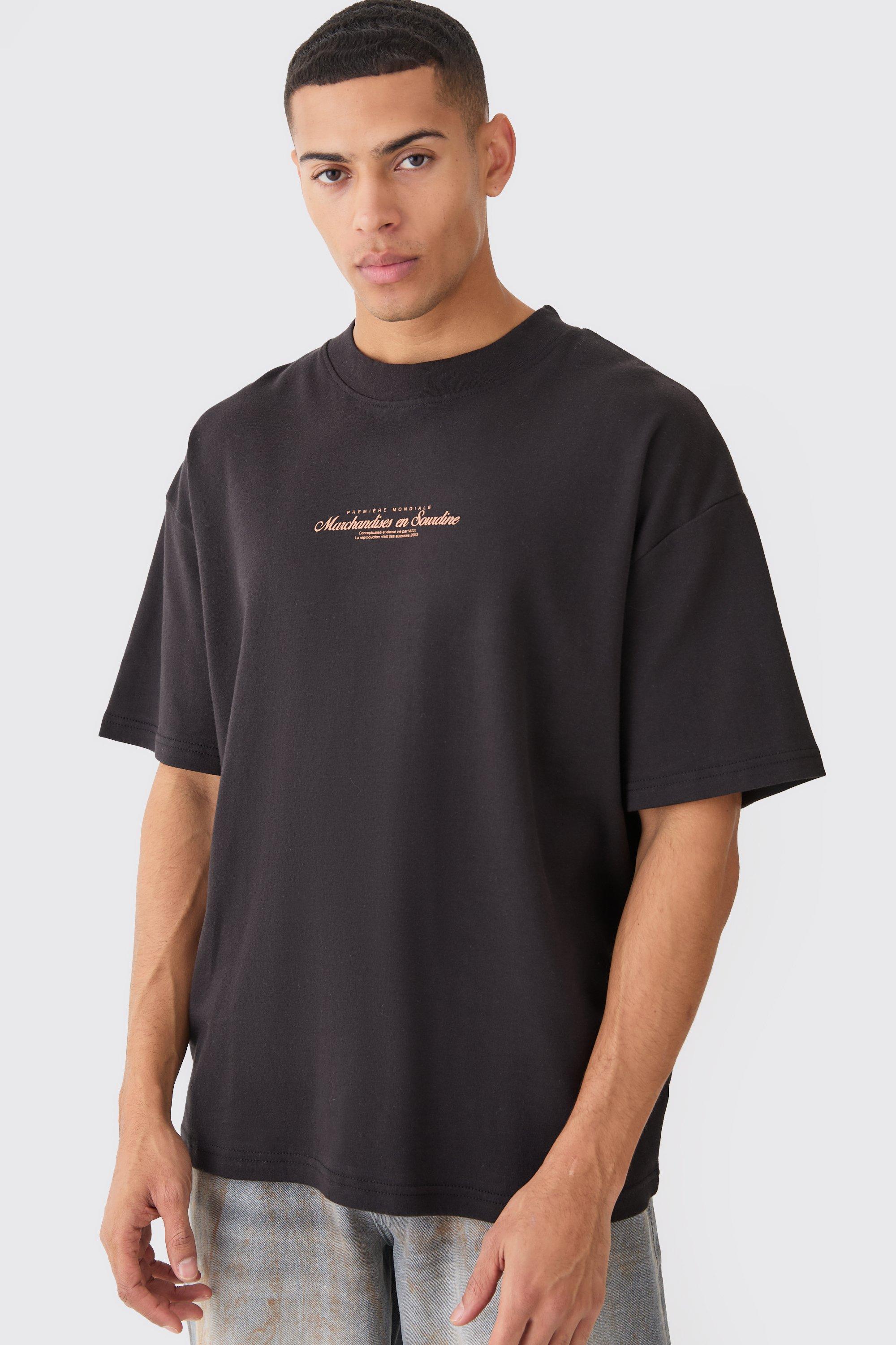Mens Black Oversized Extended Neck Printed T-shirt, Black