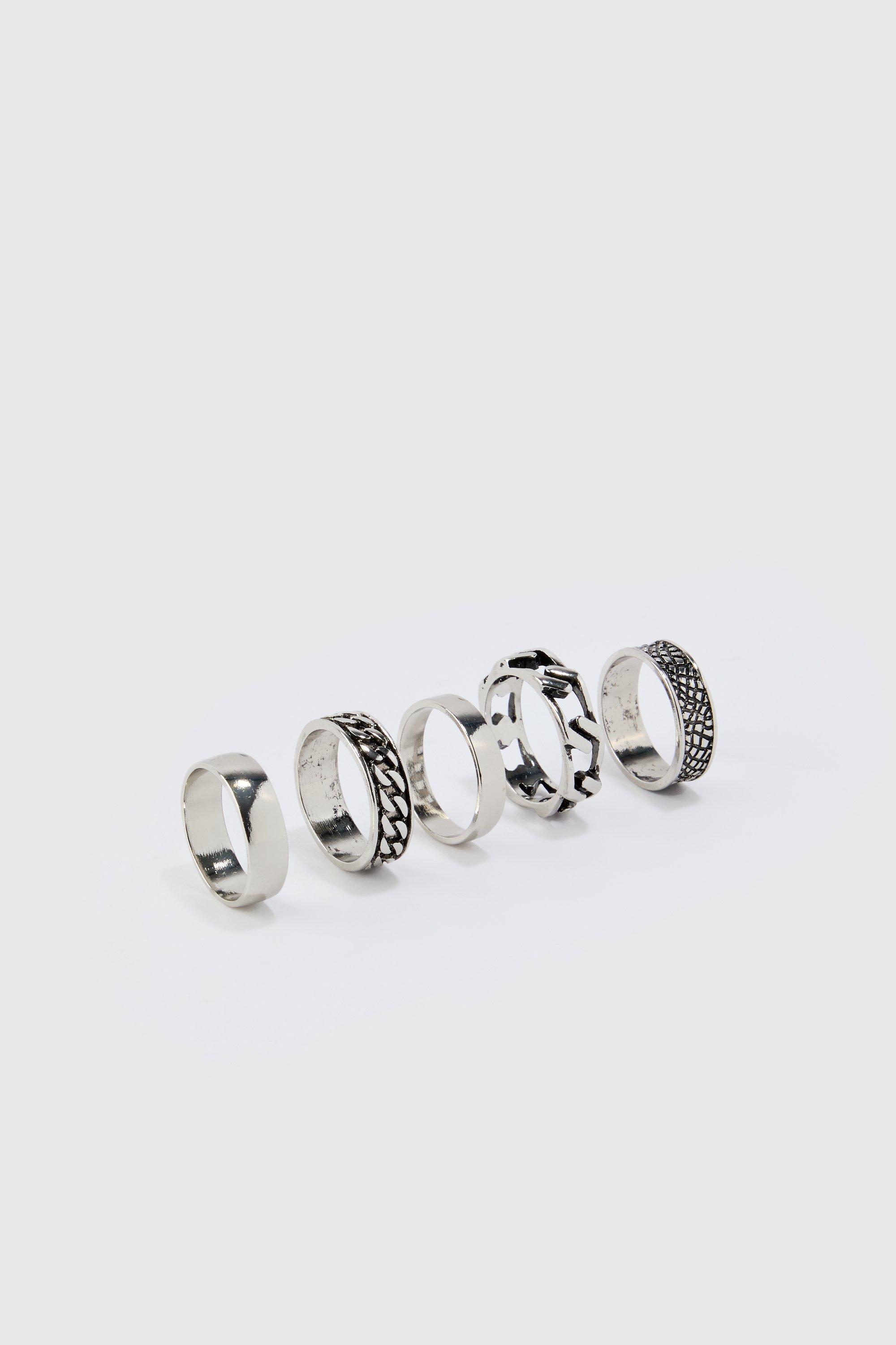 Mens Grey 5 Pack Chain Detail Rings, Grey