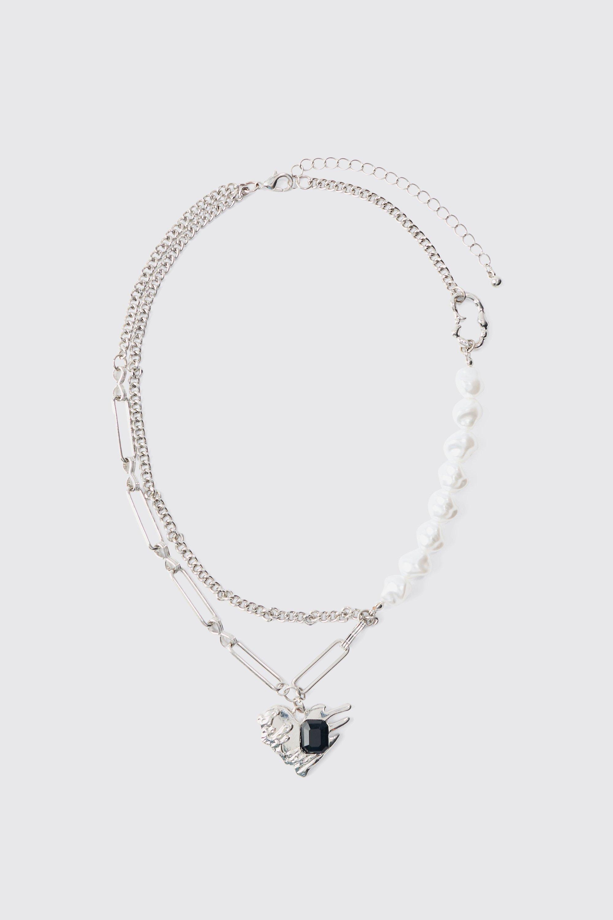 collier perlé à pendentif cœur homme - argent - one size, argent