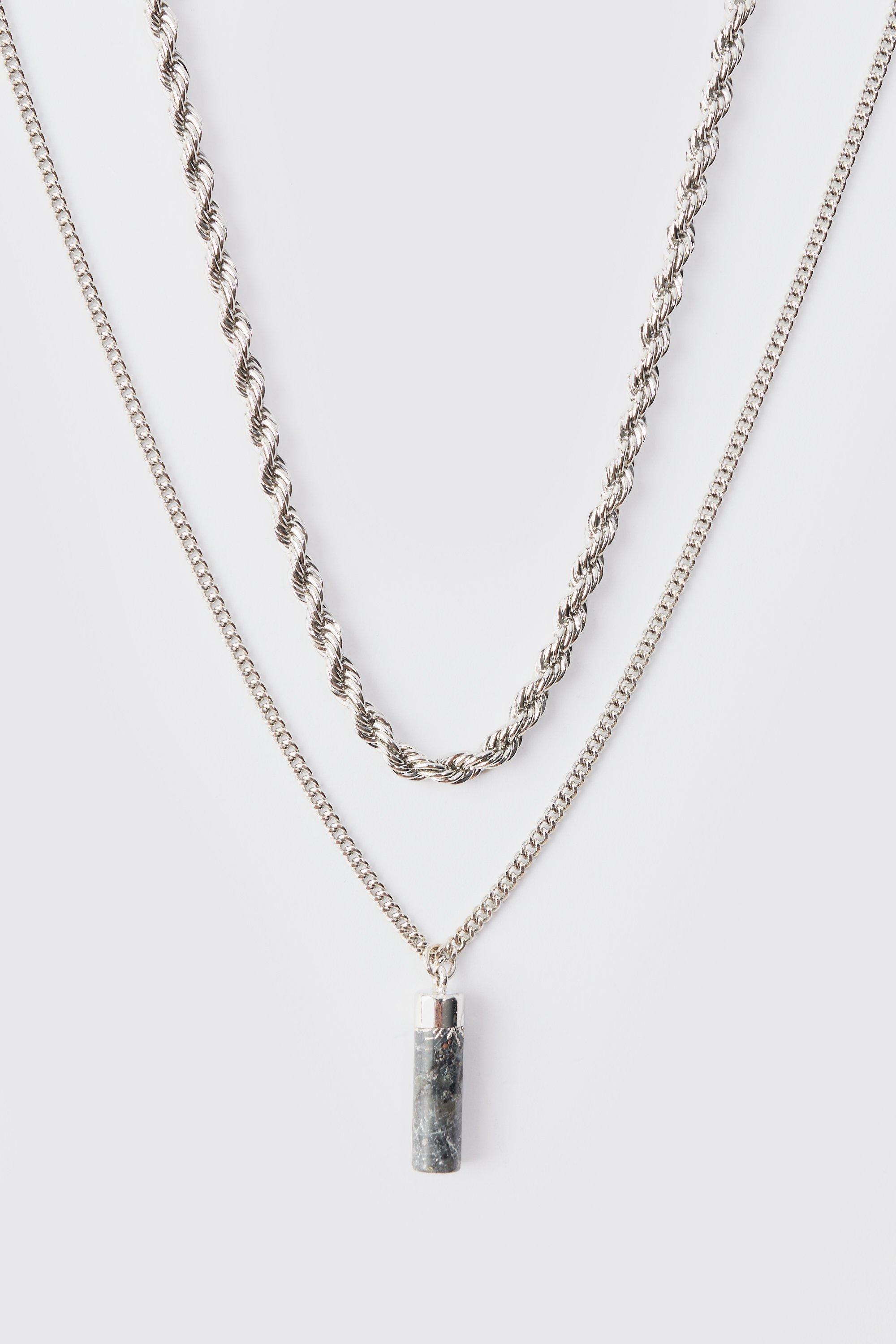 collier superposé à pendentif pierre homme - argent - one size, argent