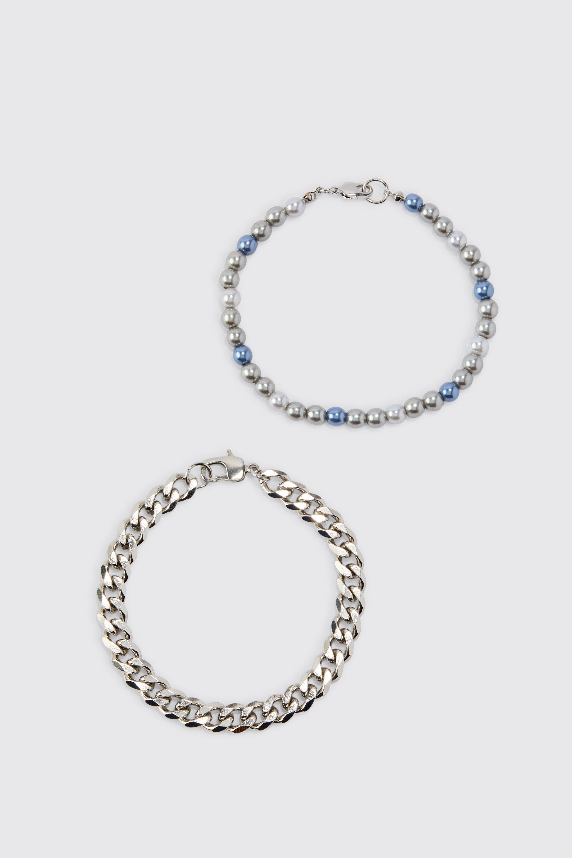 lot de 2 bracelets en chaîne et perles homme - argent - one size, argent