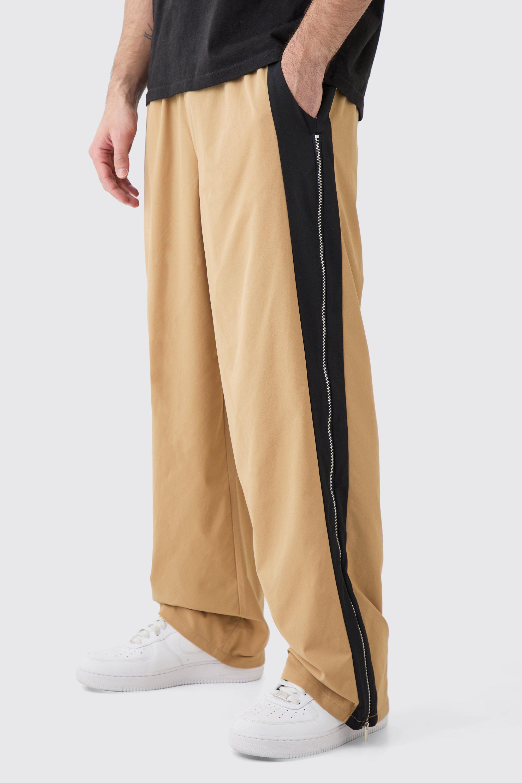 Mens Beige Technical Stretch Zip Gusset Wide Leg Trousers, Beige