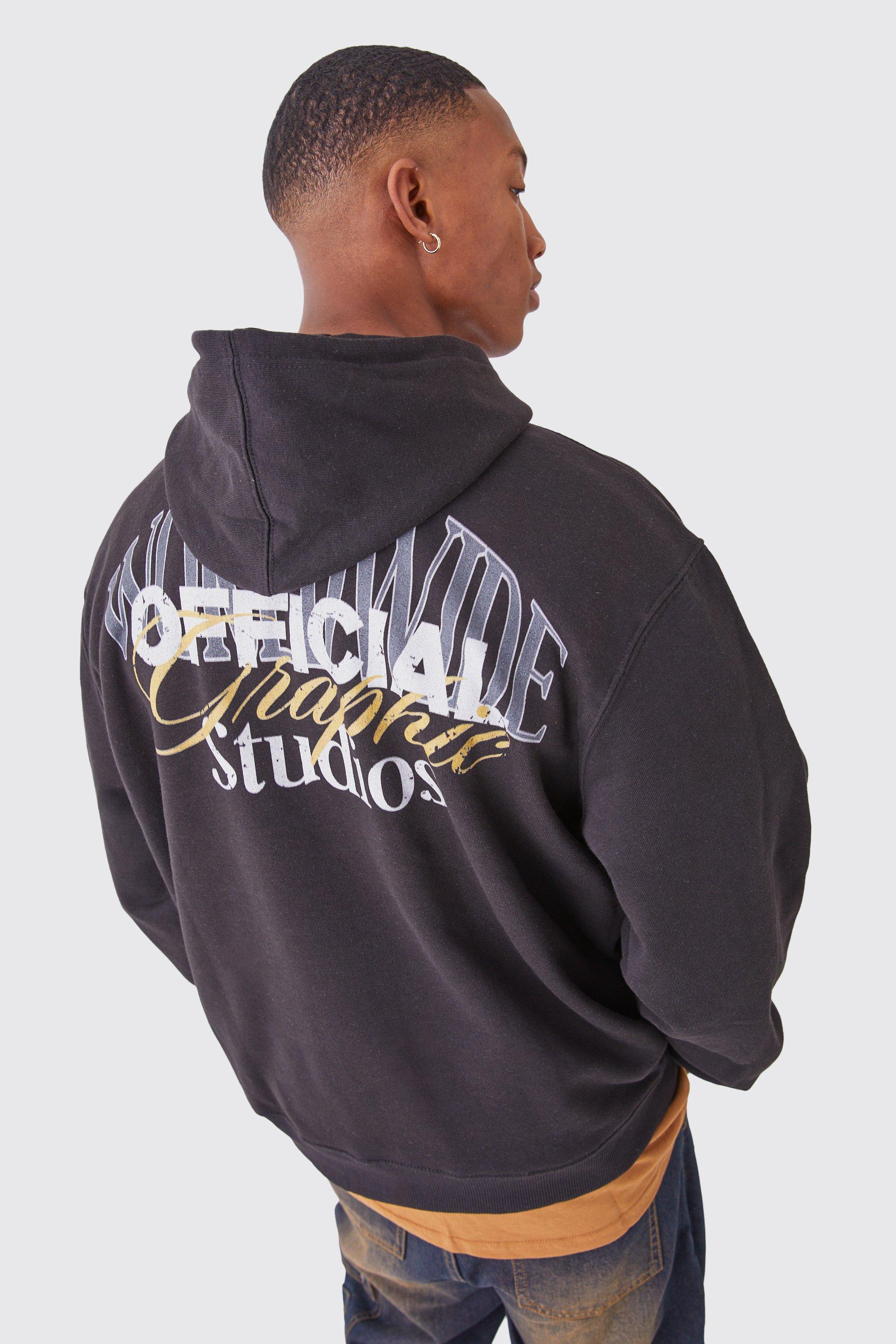 Mens Black Oversized Official Graphic Hoodie, Black