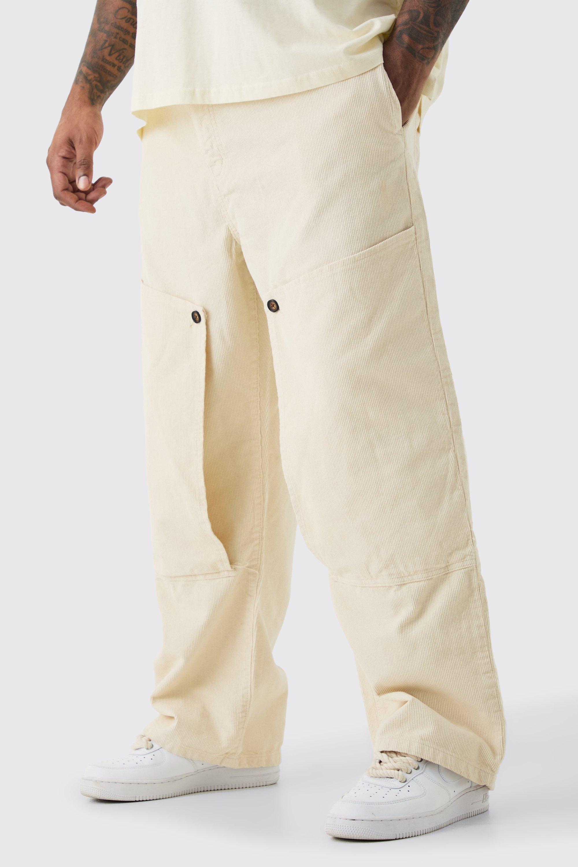 Mens Beige Plus Fixed Waist Cord Relaxed Carpenter Trouser, Beige