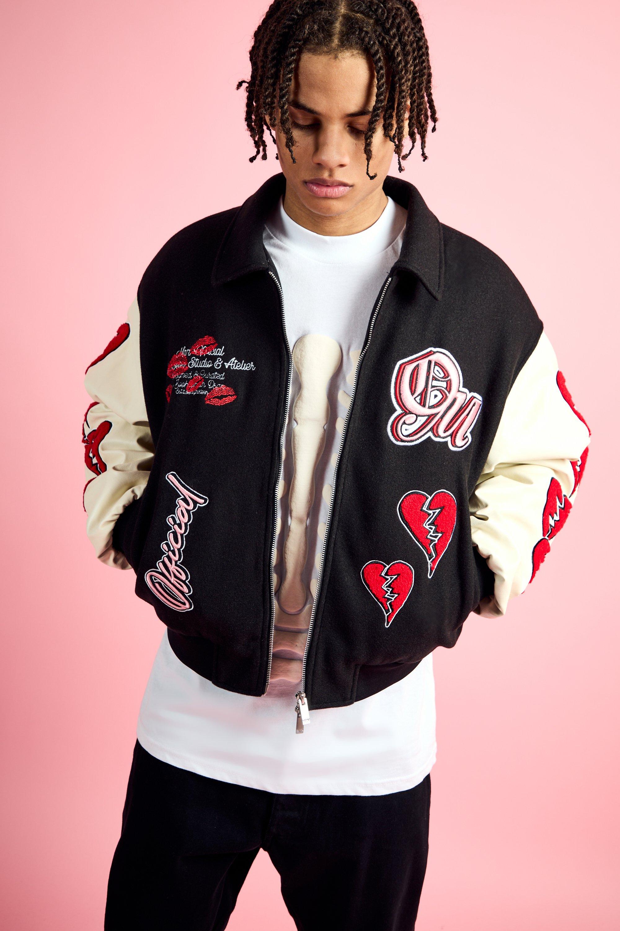 Mens Black Boxy Heart Applique Varsity Bomber, Black