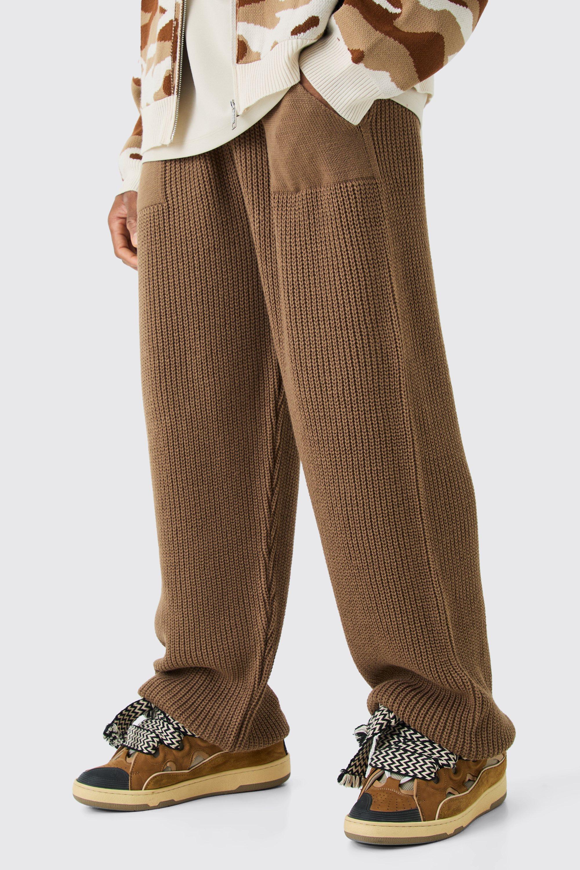 Mens Beige Relaxed Fit Ribbed Knitted Joggers, Beige