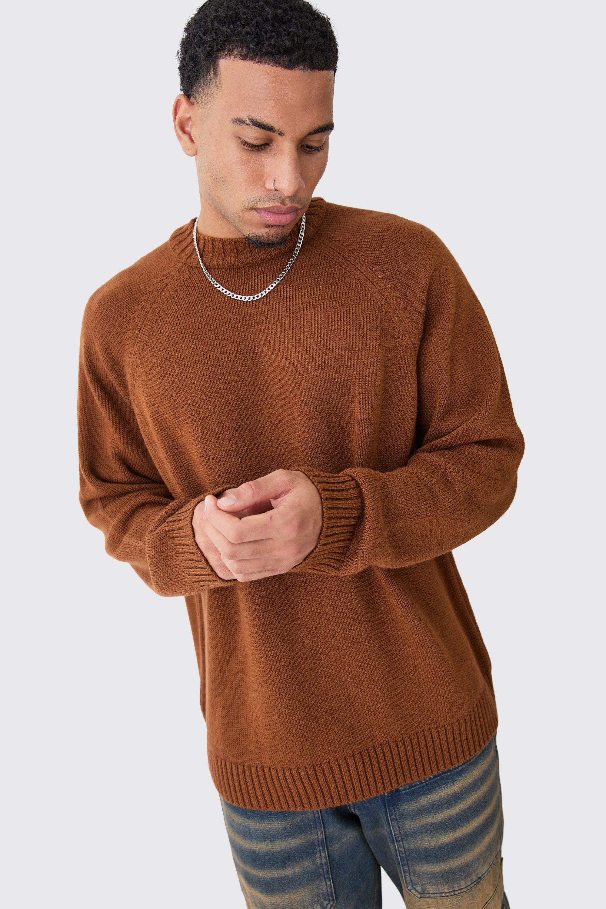 Mens Orange Oversized Raglan Knitted Woven Label Jumper, Orange