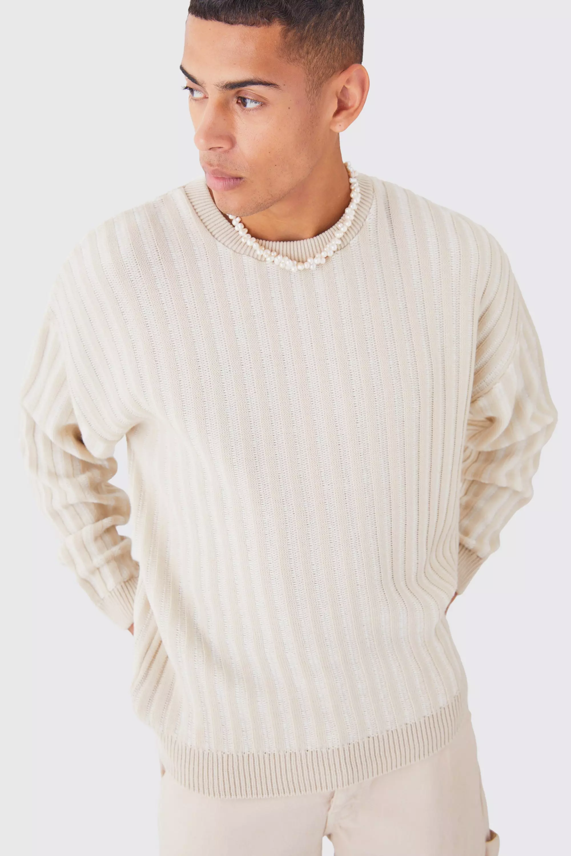 Oversized Crew Neck Two Tone Rib Knitted Jumper